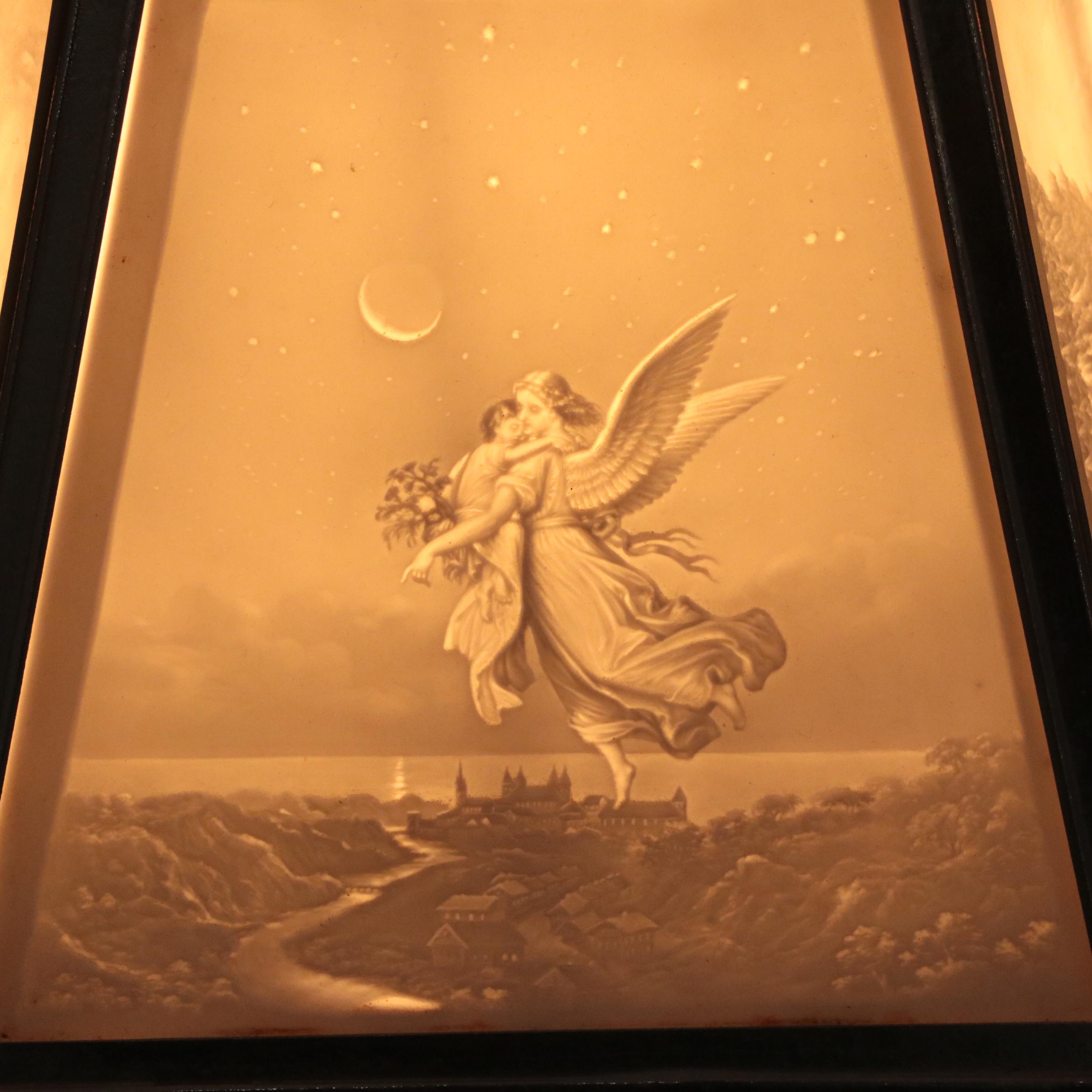 Silver Plate Candlestick Table Lamps with Lithophane Paneled Shades