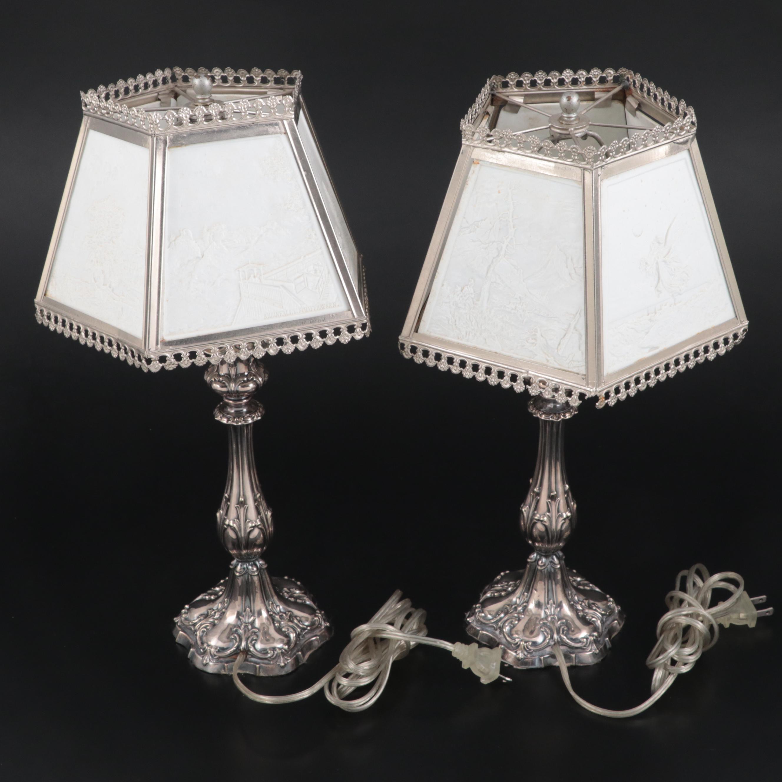 Silver Plate Candlestick Table Lamps with Lithophane Paneled Shades