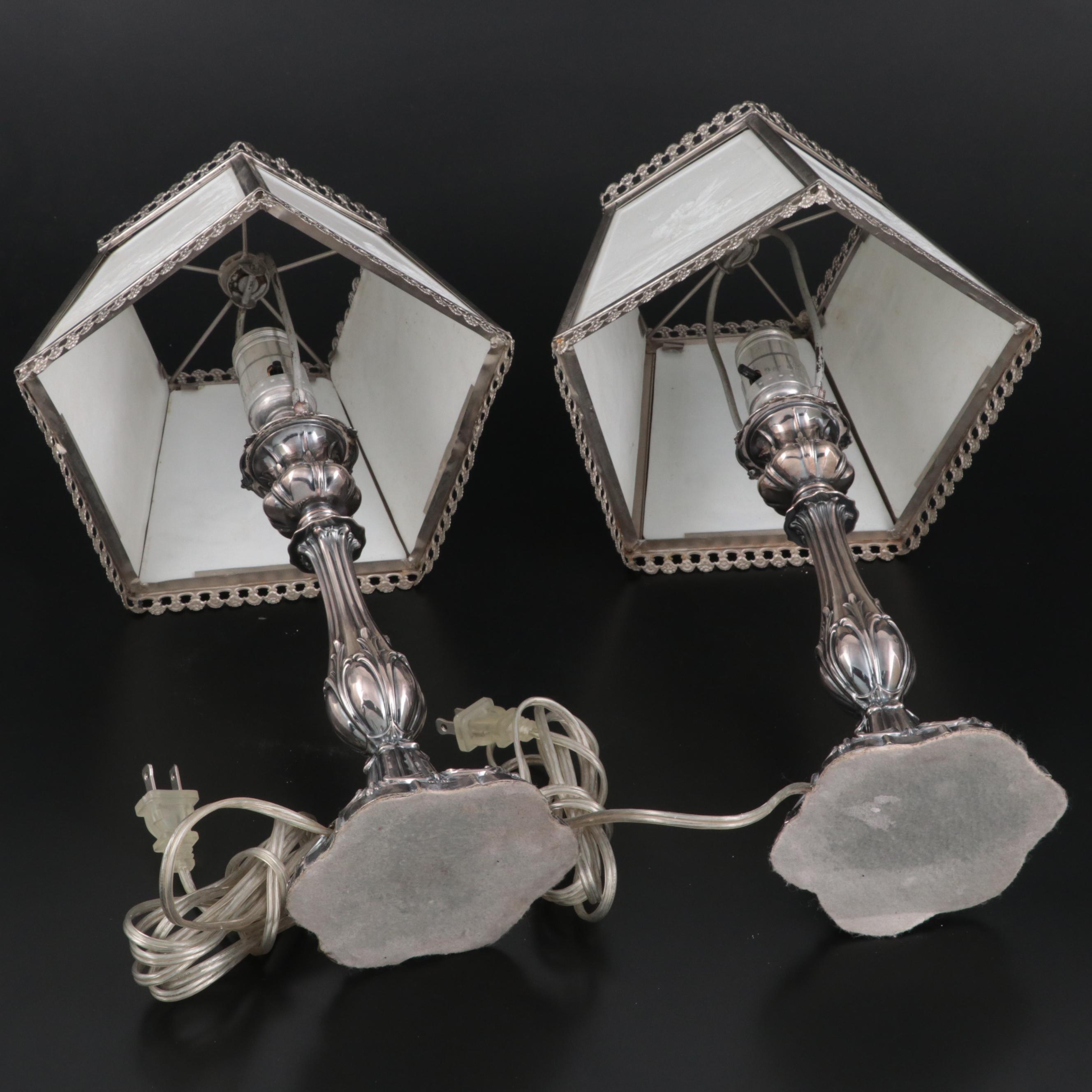 Silver Plate Candlestick Table Lamps with Lithophane Paneled Shades