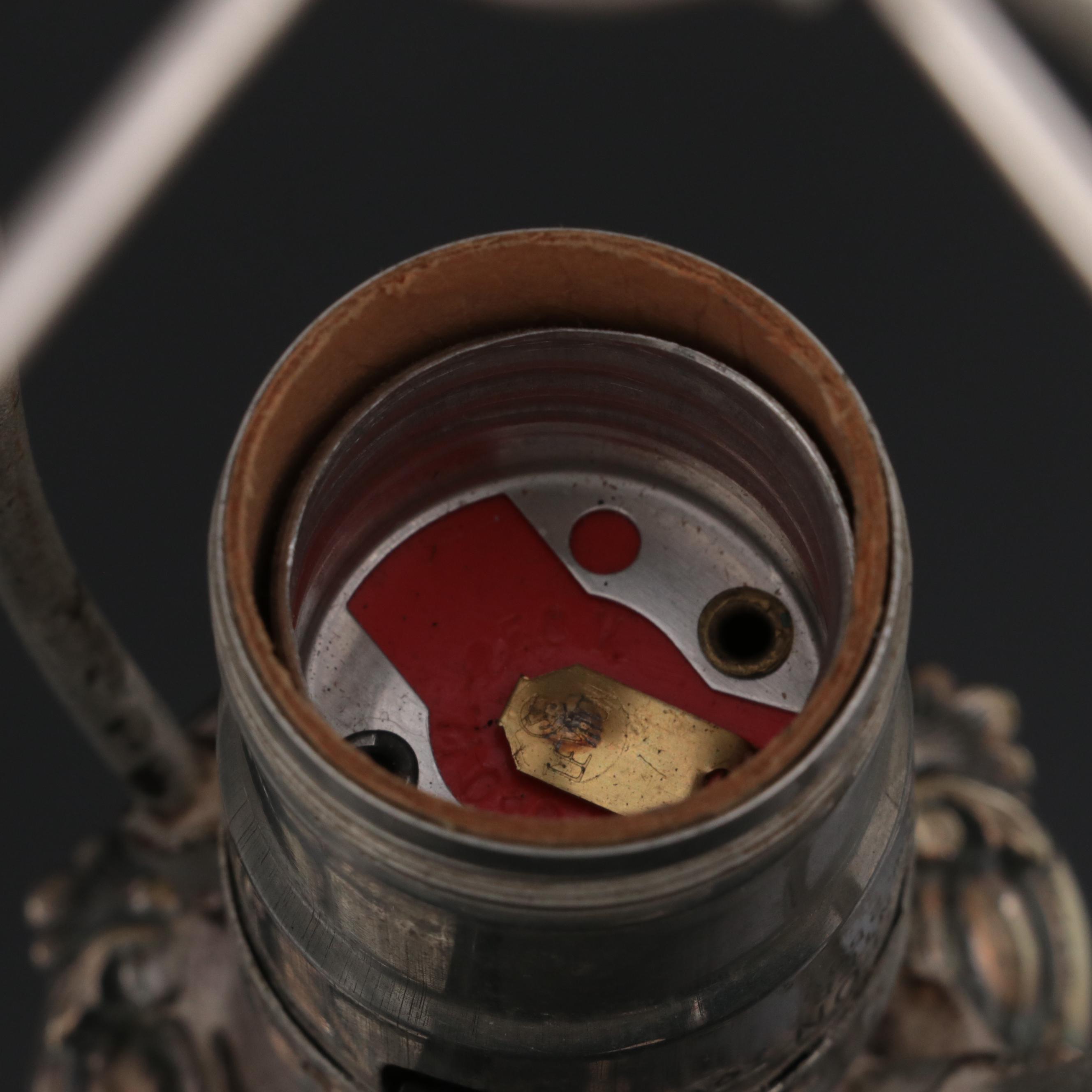 Silver Plate Candlestick Table Lamps with Lithophane Paneled Shades