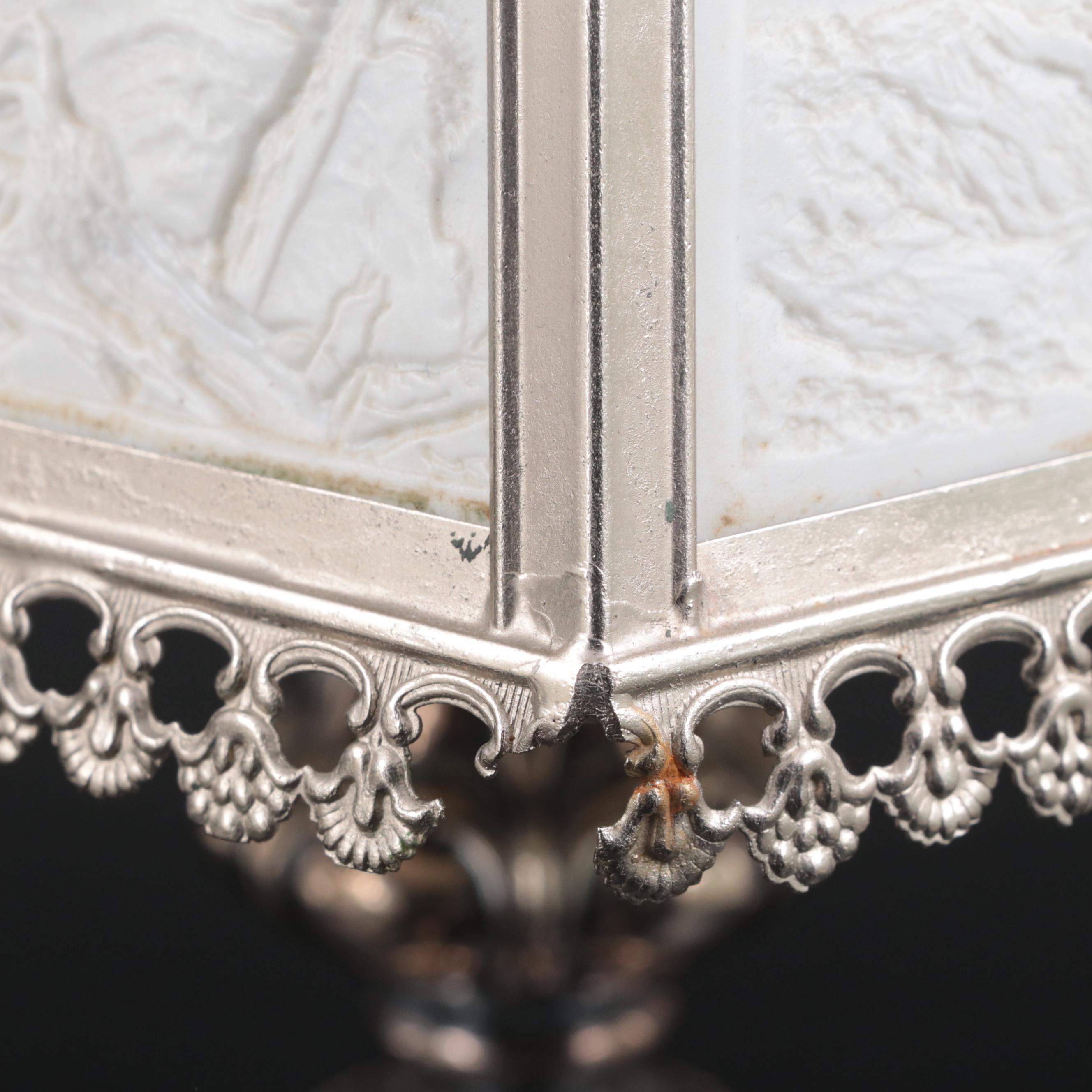 Silver Plate Candlestick Table Lamps with Lithophane Paneled Shades