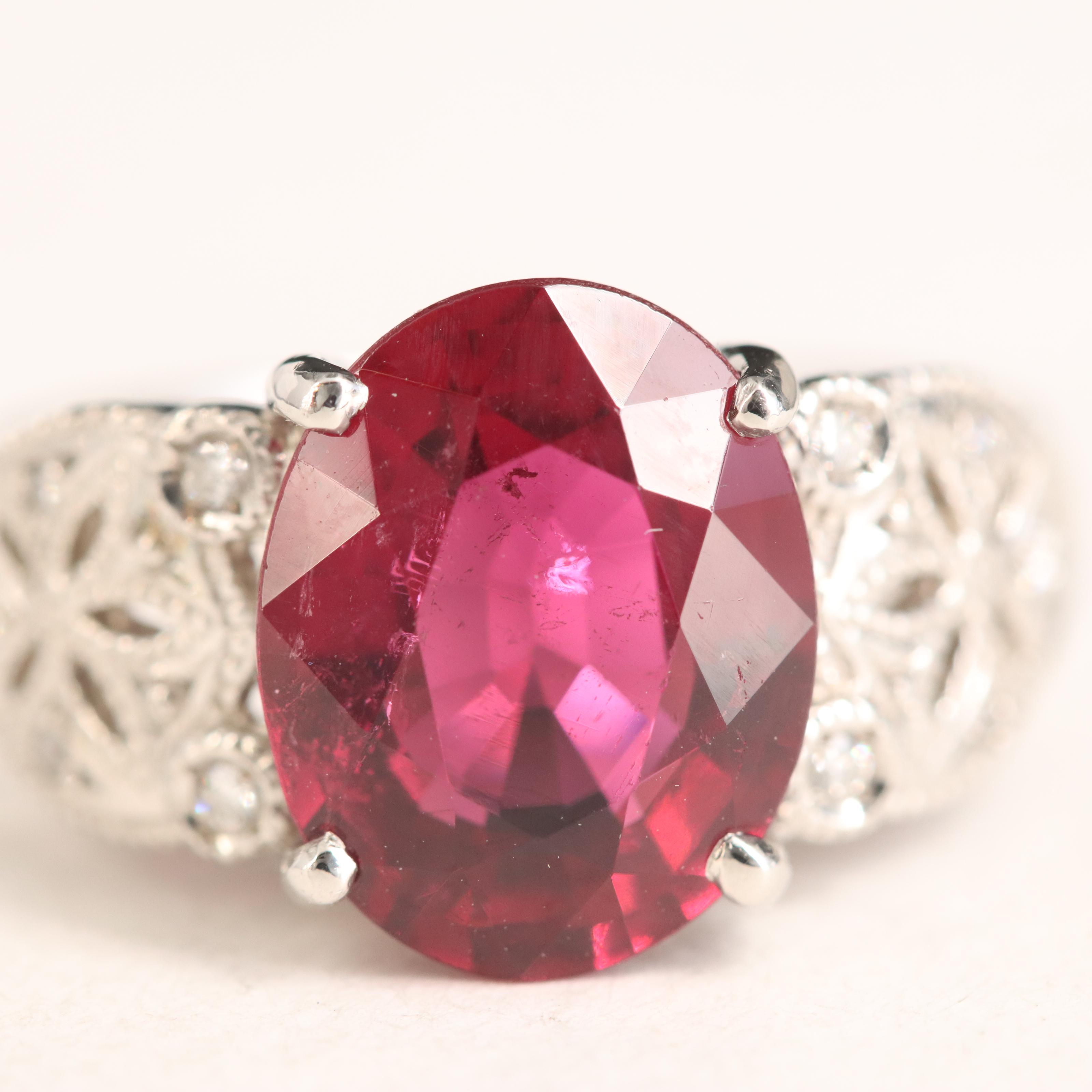 Platinum 3.79 CT Rubellite and Diamond Ring