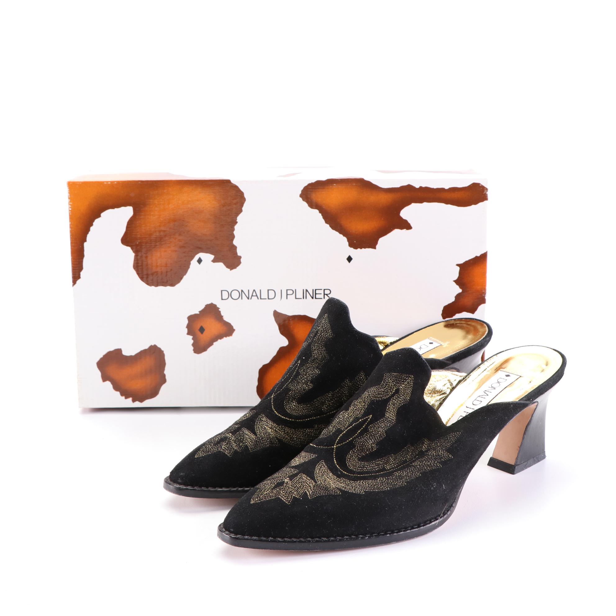 Donald J Pliner Jackson Mules in Contrast Stitched Black Suede with Box