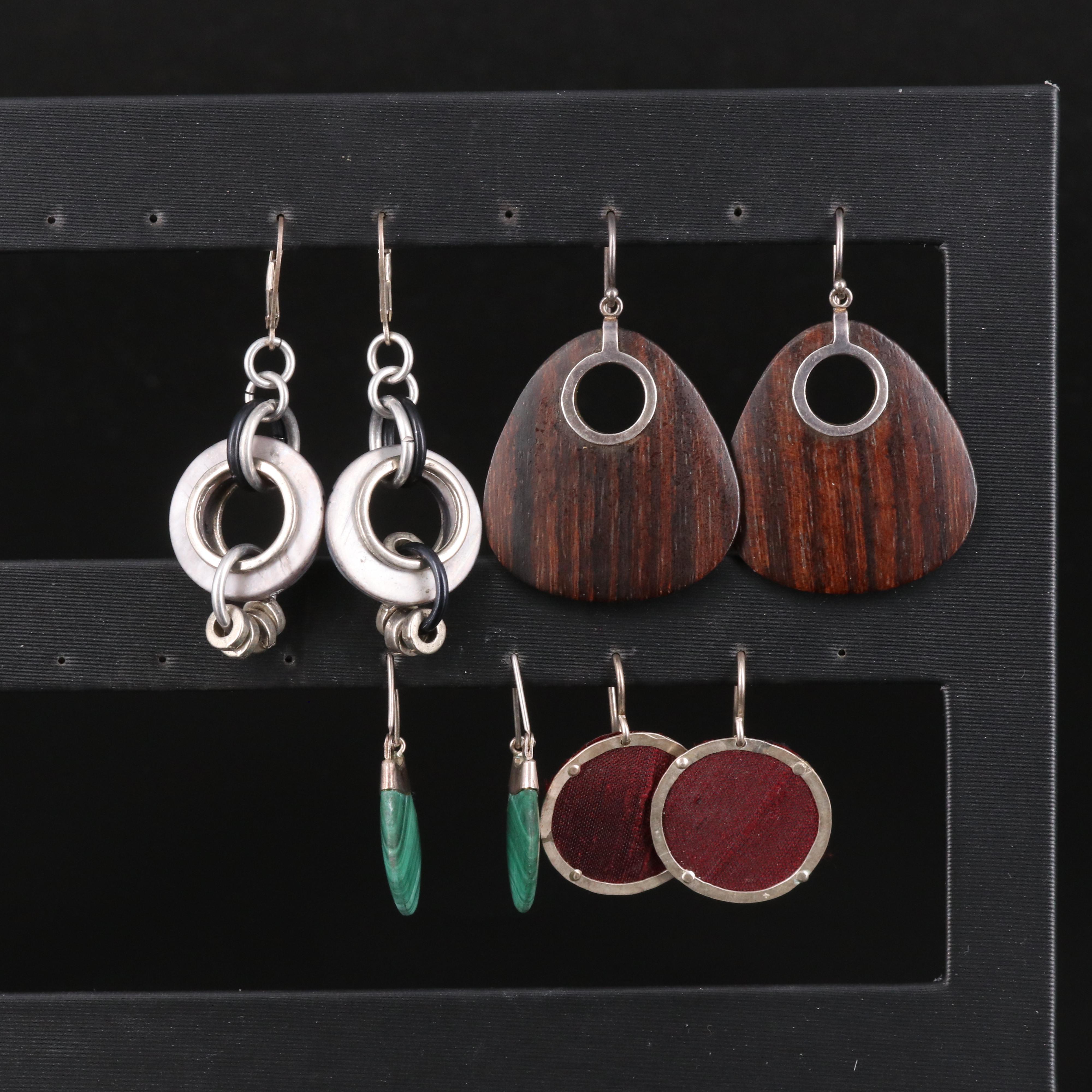 Sterling Earring Assortment Including Malachite and Wood