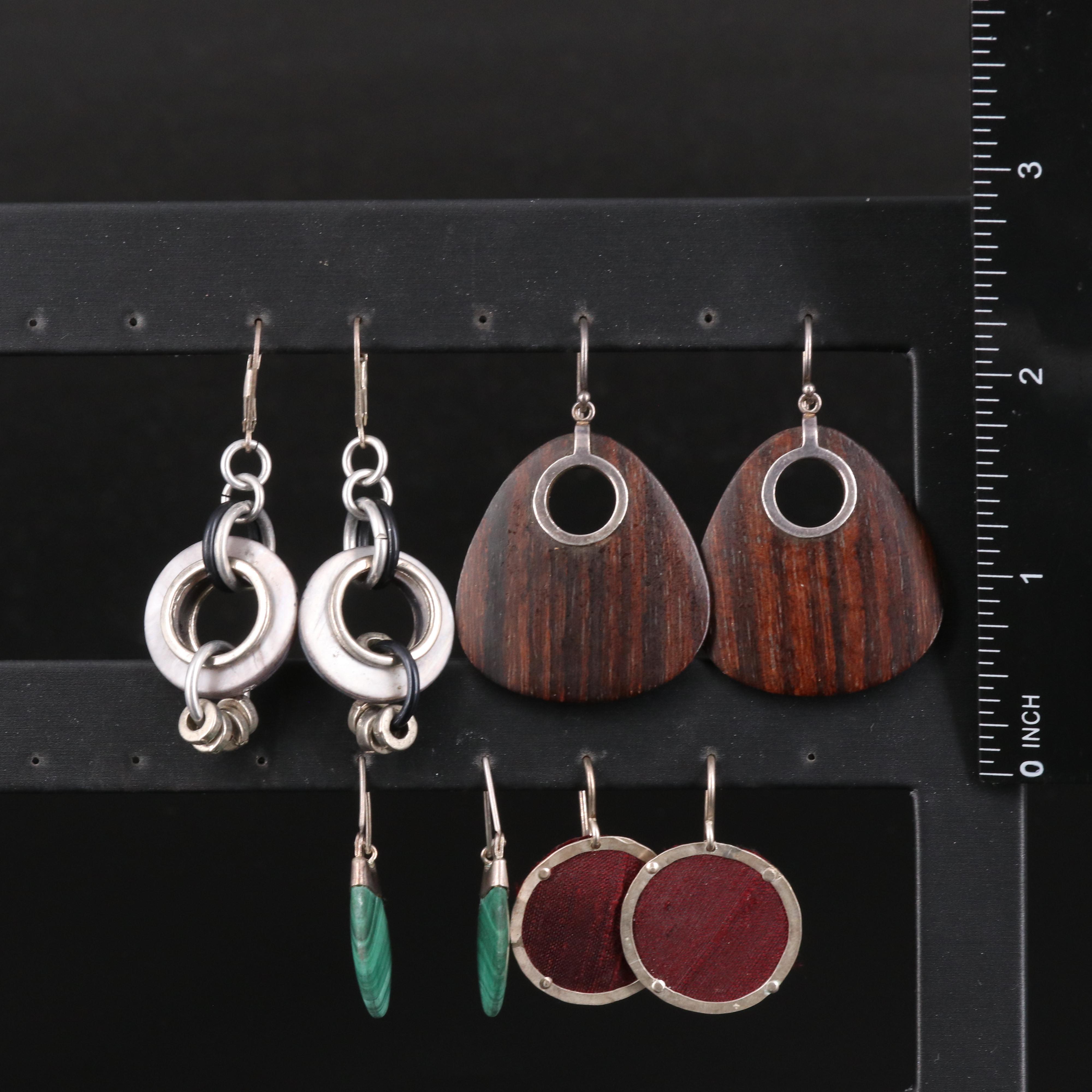 Sterling Earring Assortment Including Malachite and Wood