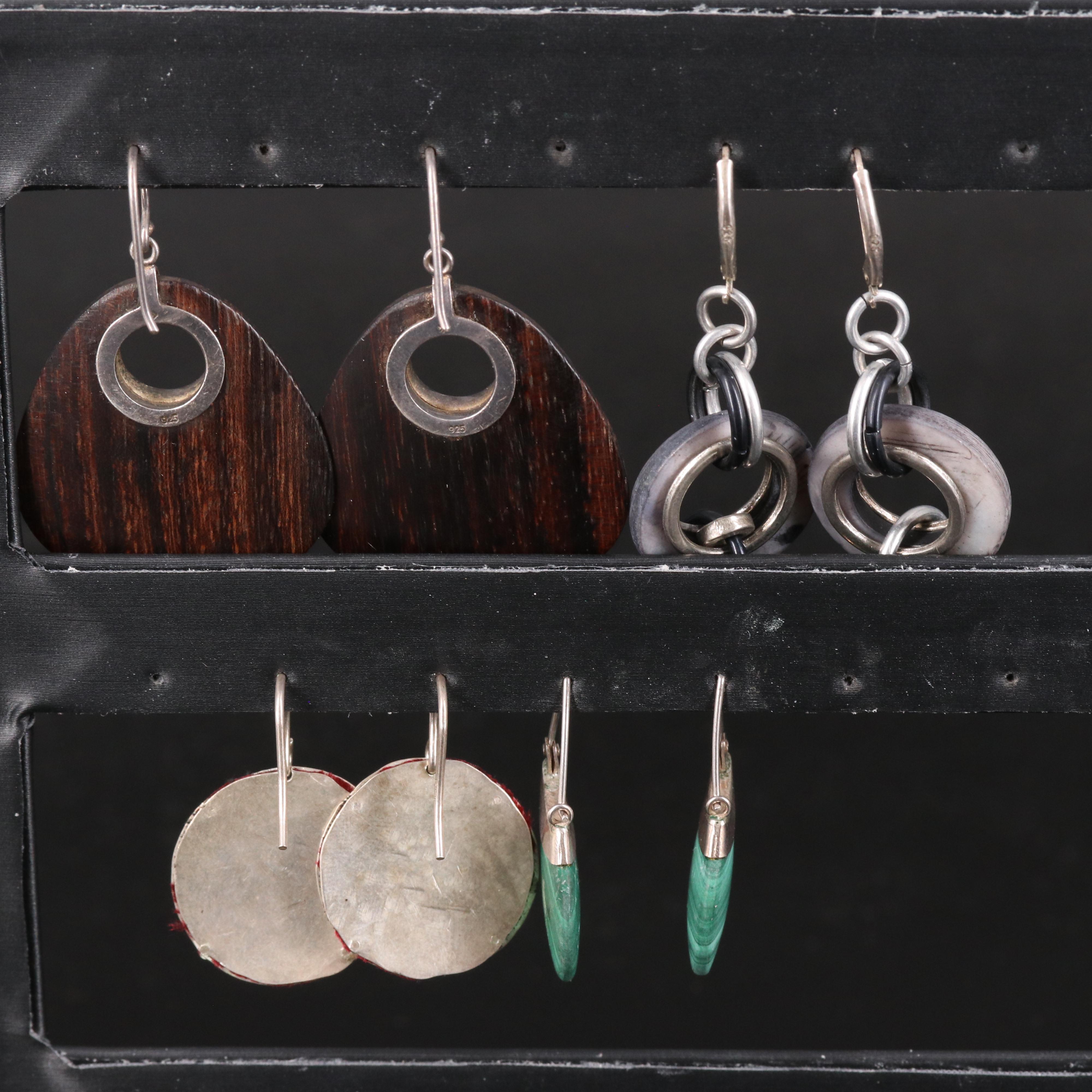 Sterling Earring Assortment Including Malachite and Wood