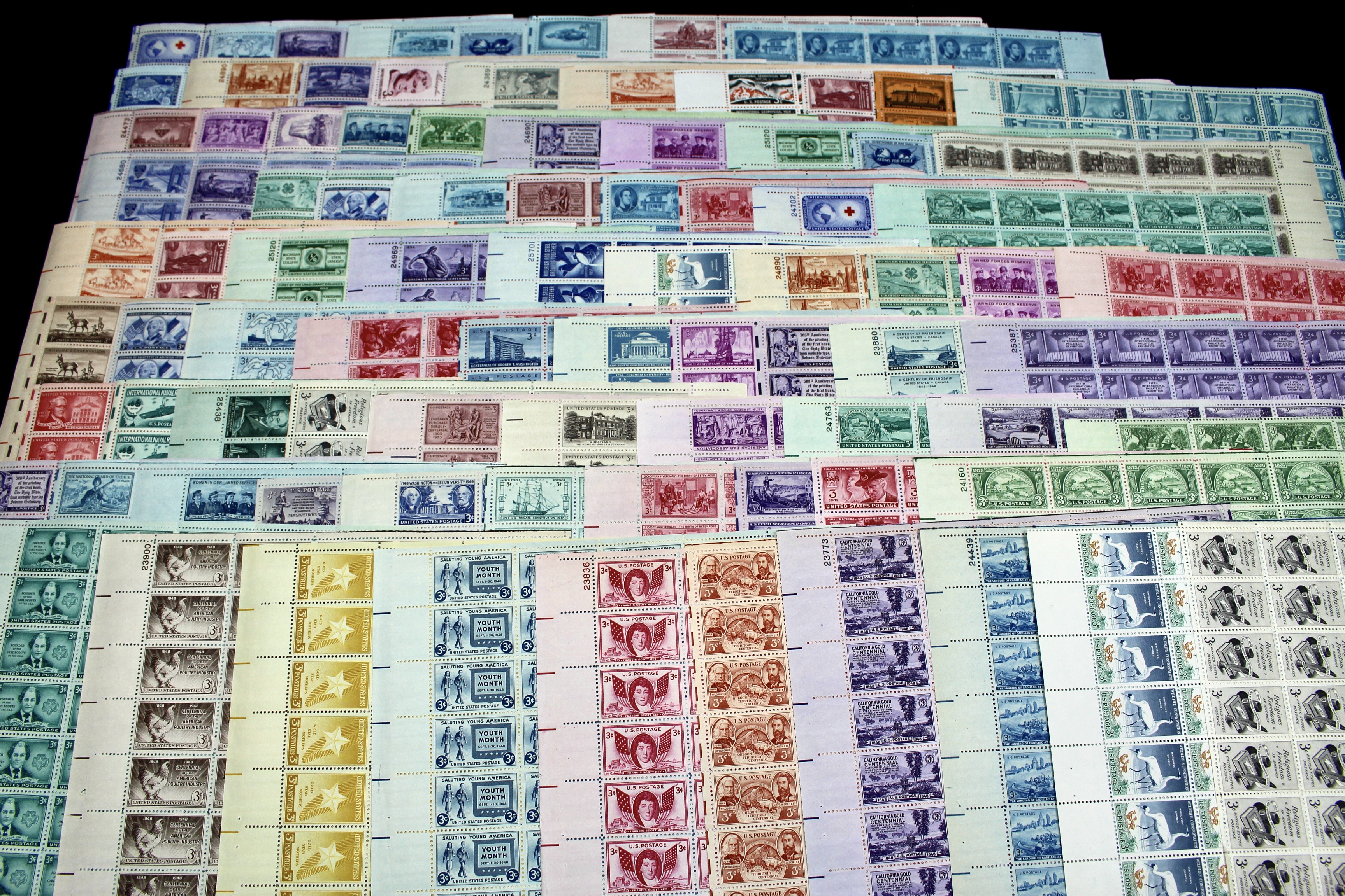 Group of 85 Three Cent Sheets of Stamps from the 1940's and 1950's