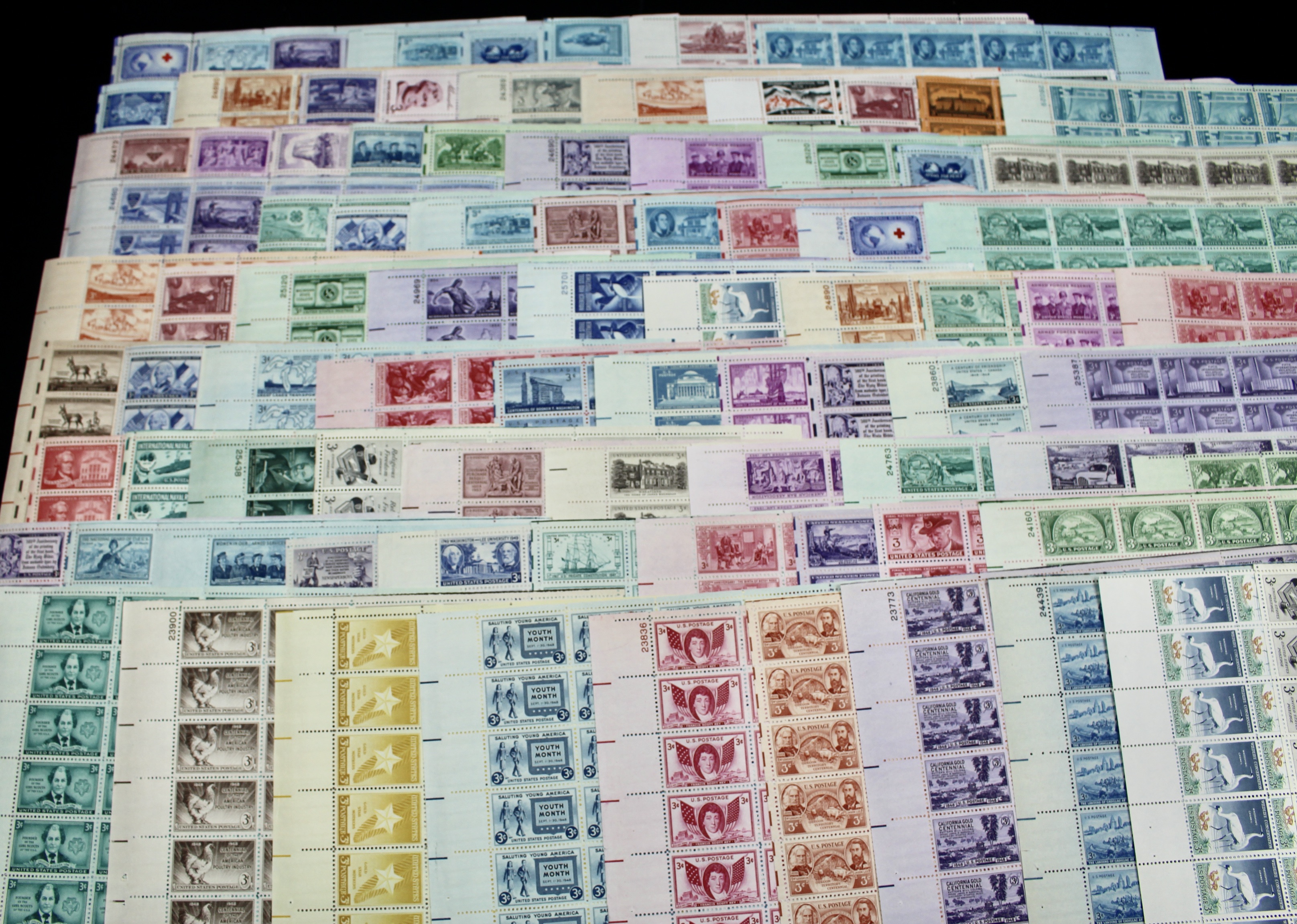 Group of 85 Three Cent Sheets of Stamps from the 1940's and 1950's