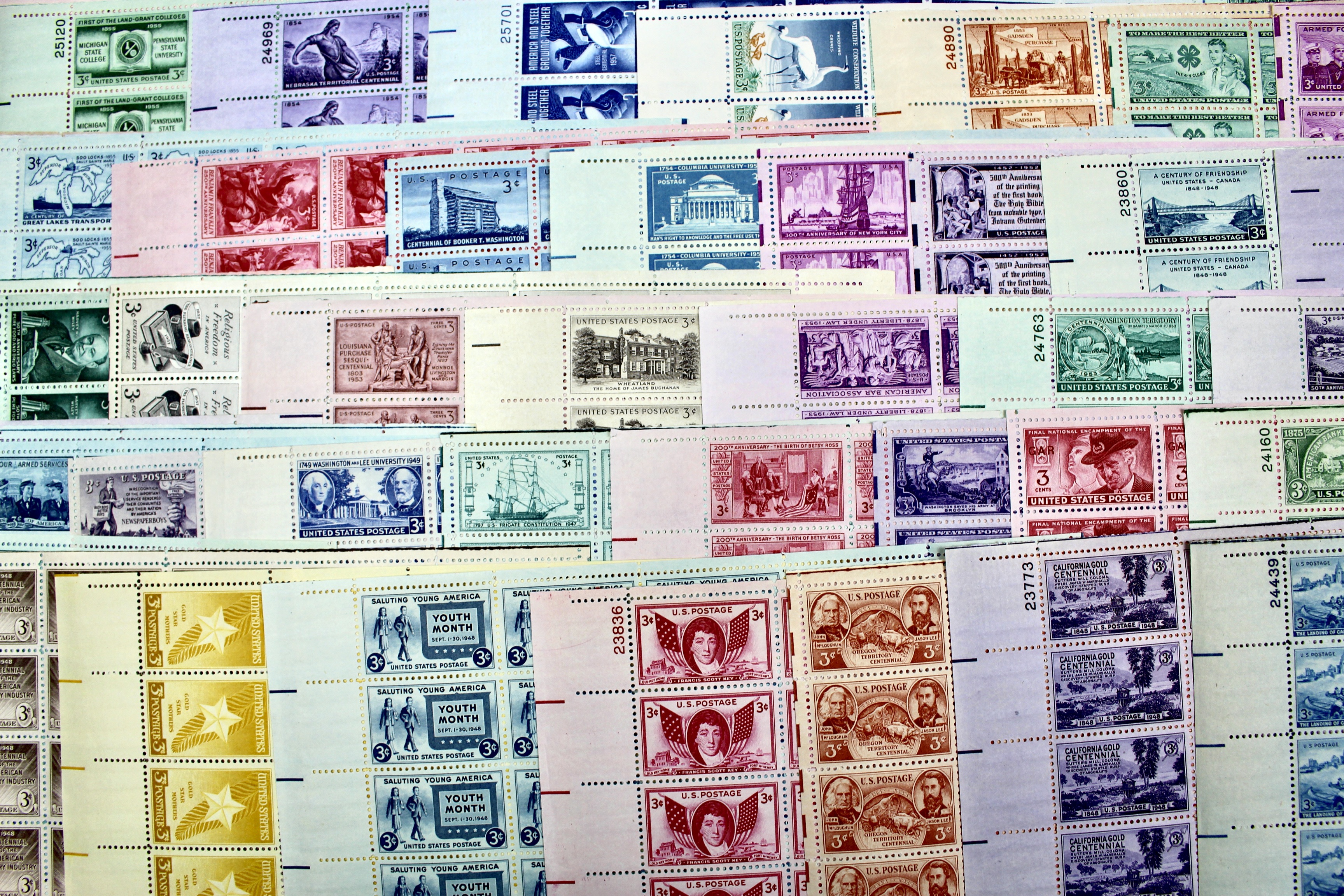 Group of 85 Three Cent Sheets of Stamps from the 1940's and 1950's