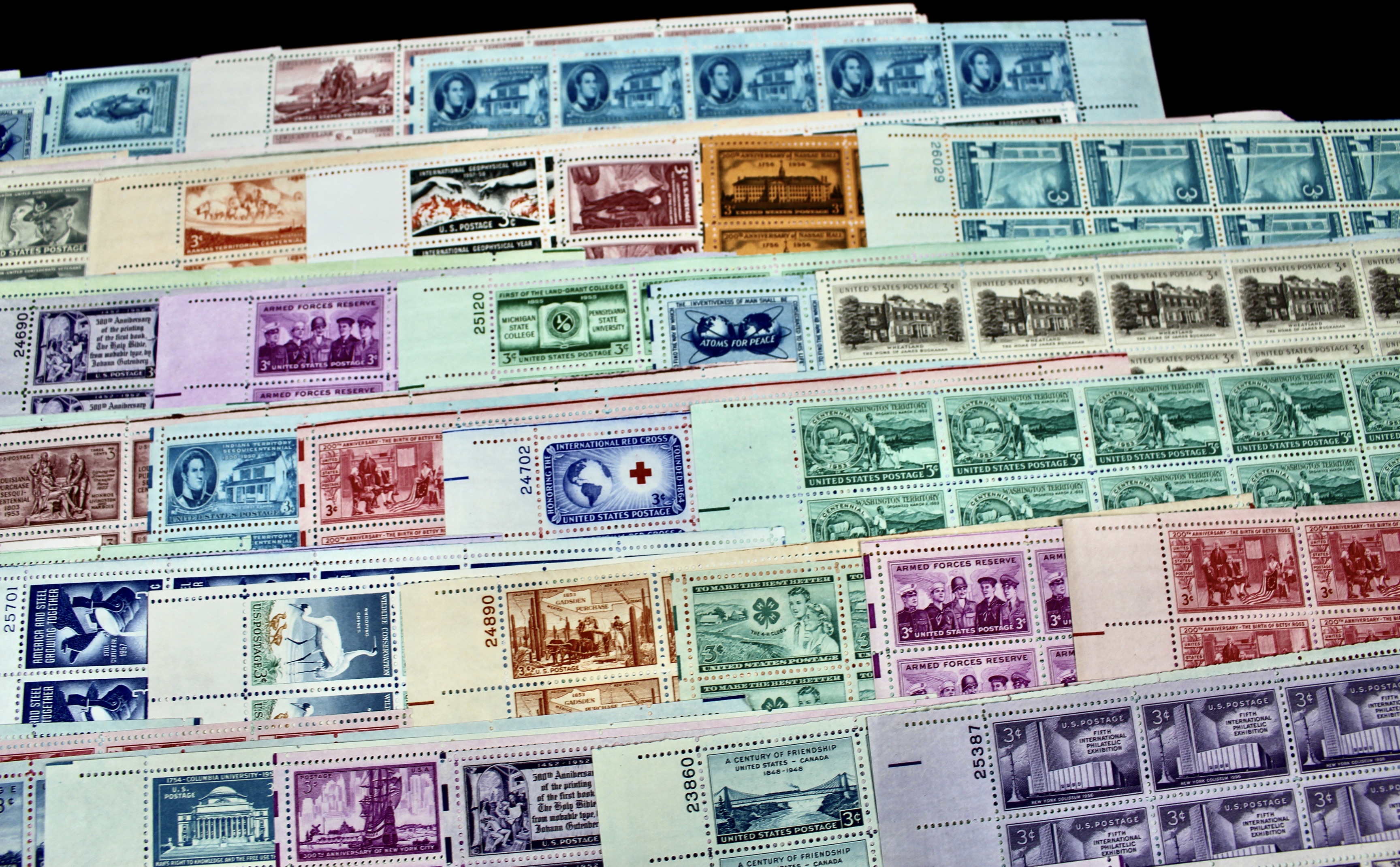 Group of 85 Three Cent Sheets of Stamps from the 1940's and 1950's