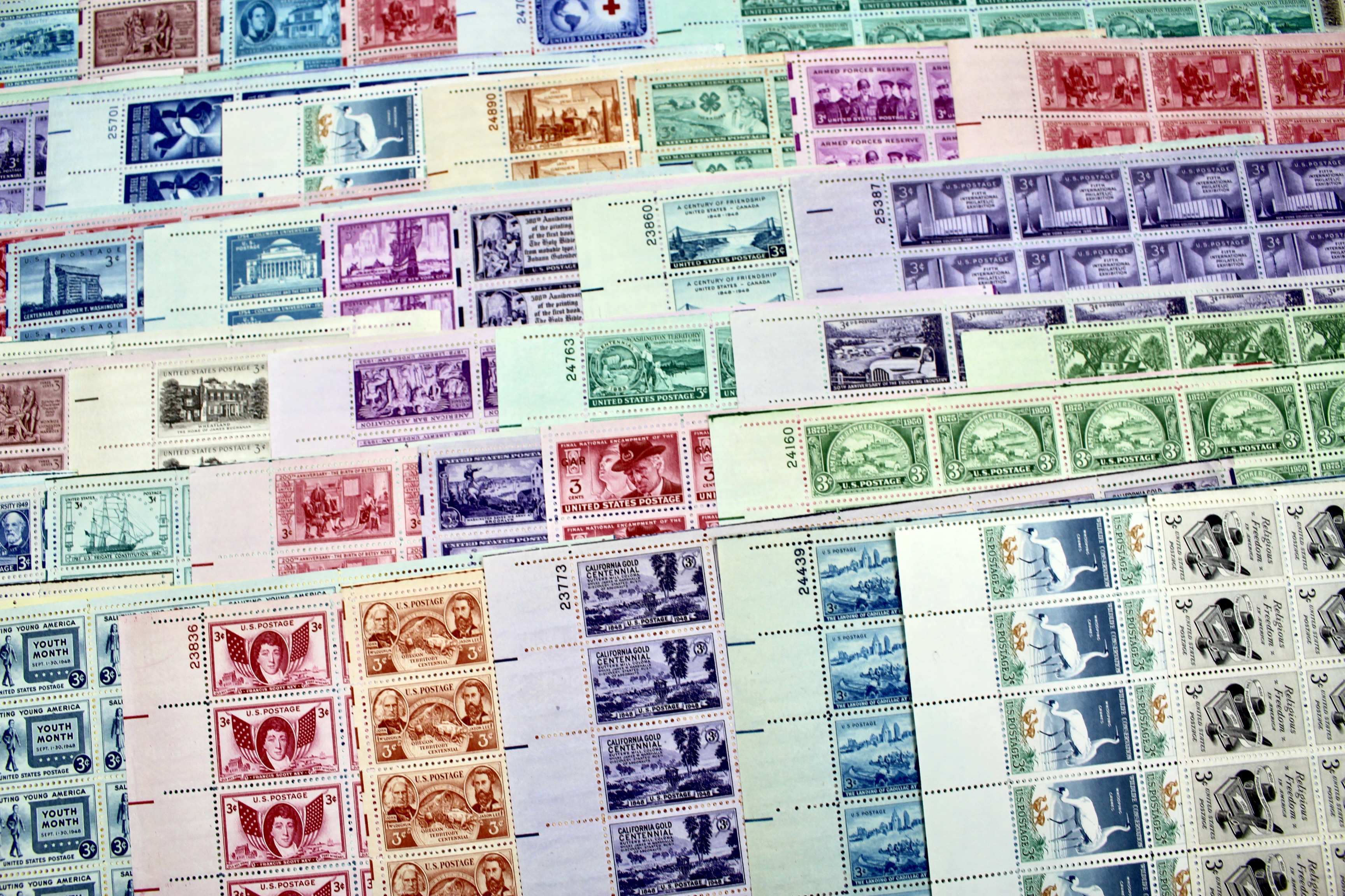 Group of 85 Three Cent Sheets of Stamps from the 1940's and 1950's