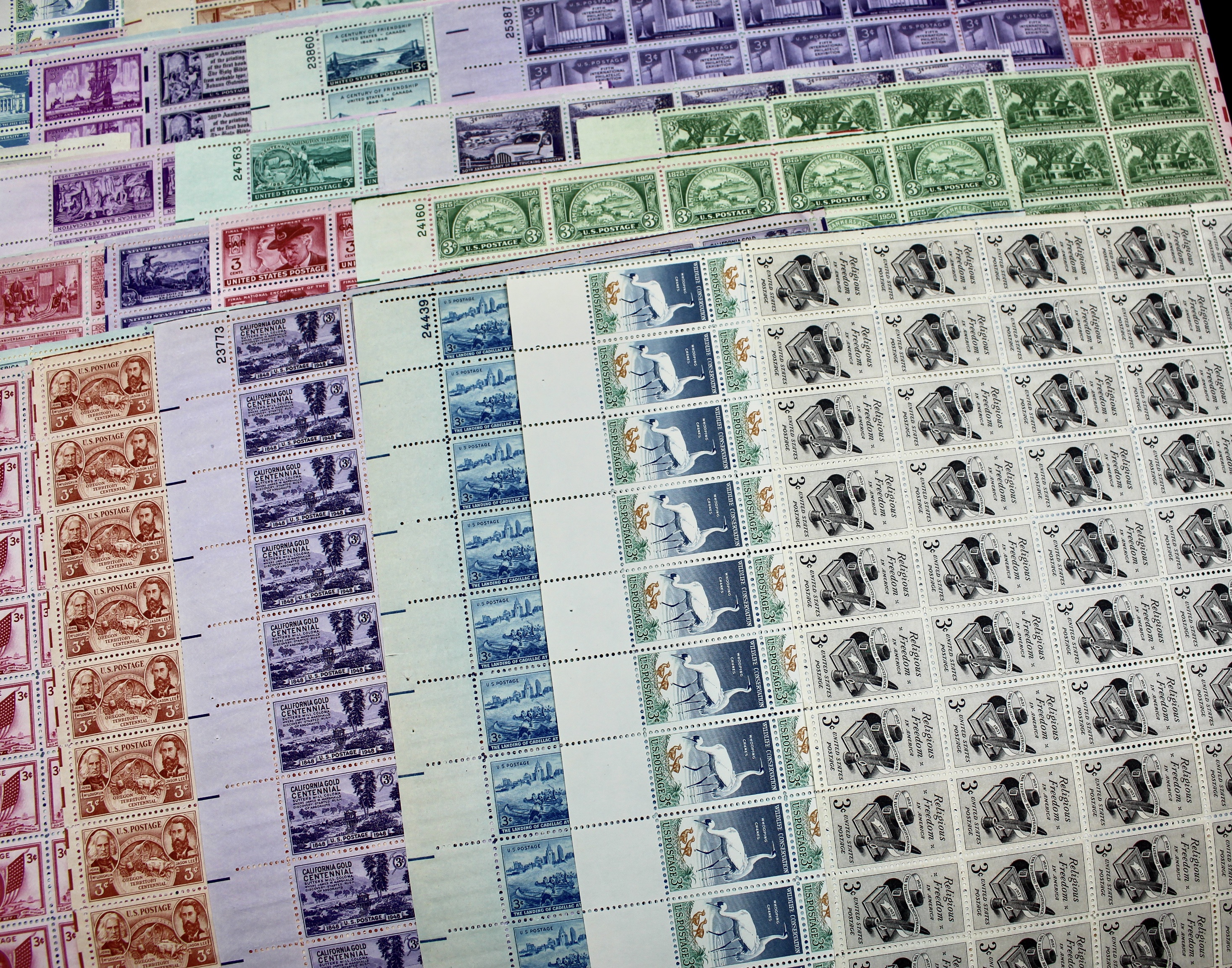 Group of 85 Three Cent Sheets of Stamps from the 1940's and 1950's