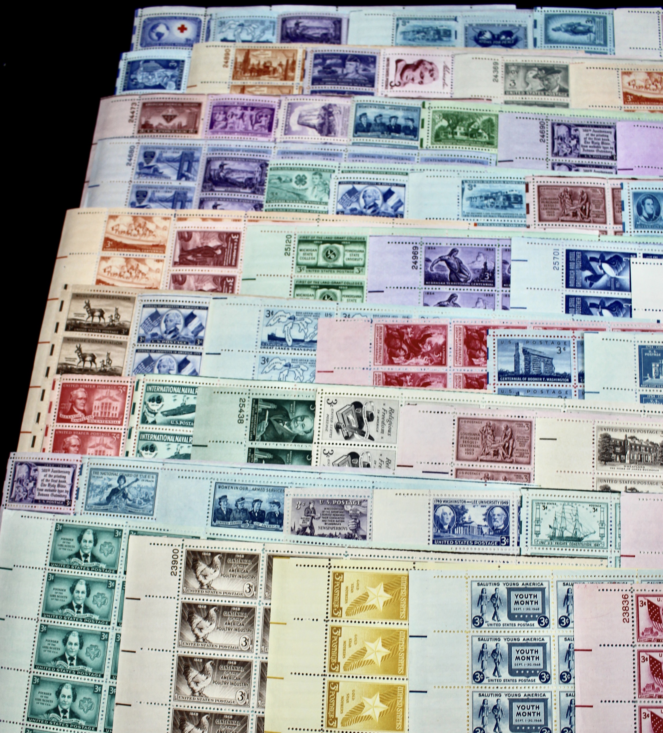 Group of 85 Three Cent Sheets of Stamps from the 1940's and 1950's
