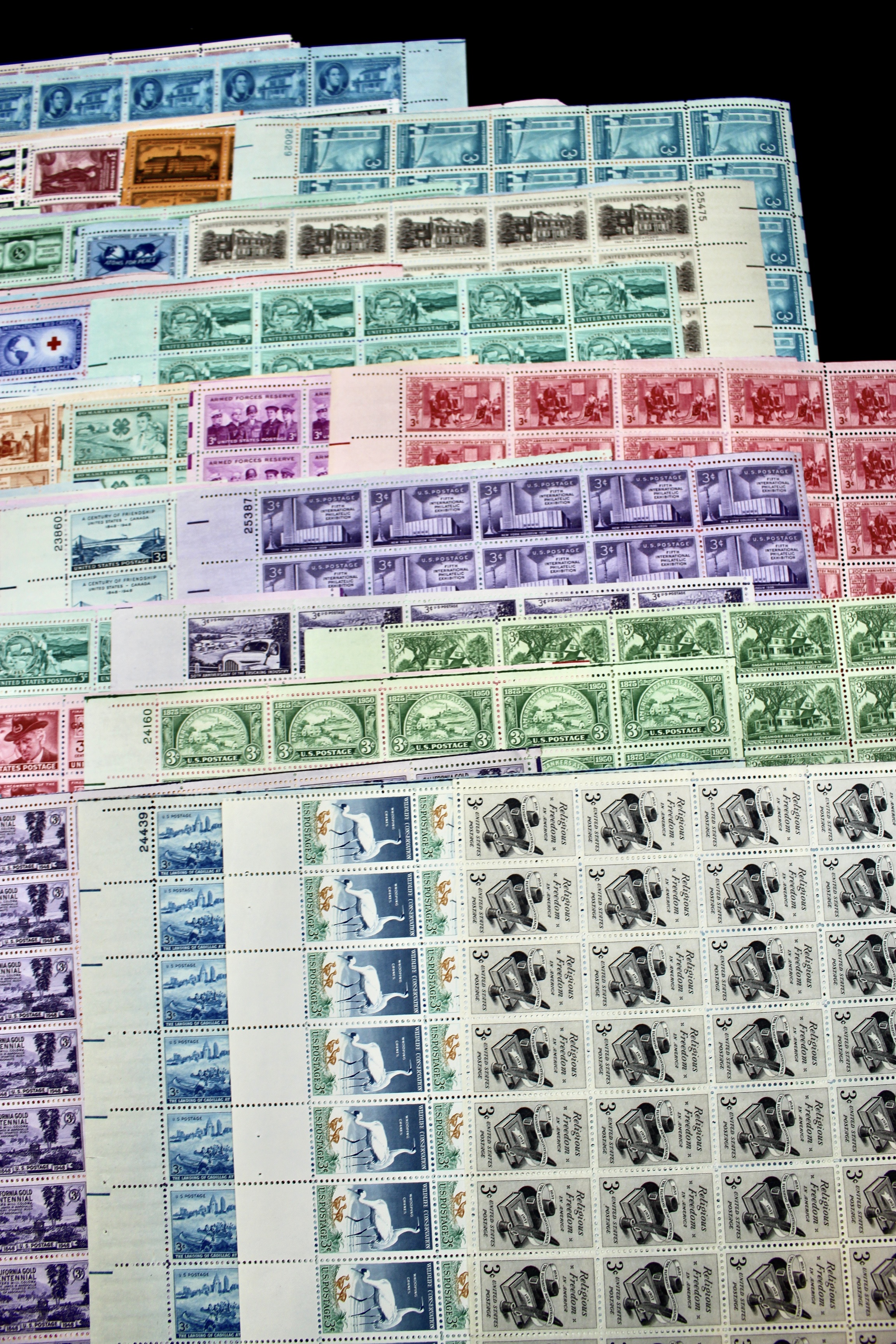 Group of 85 Three Cent Sheets of Stamps from the 1940's and 1950's
