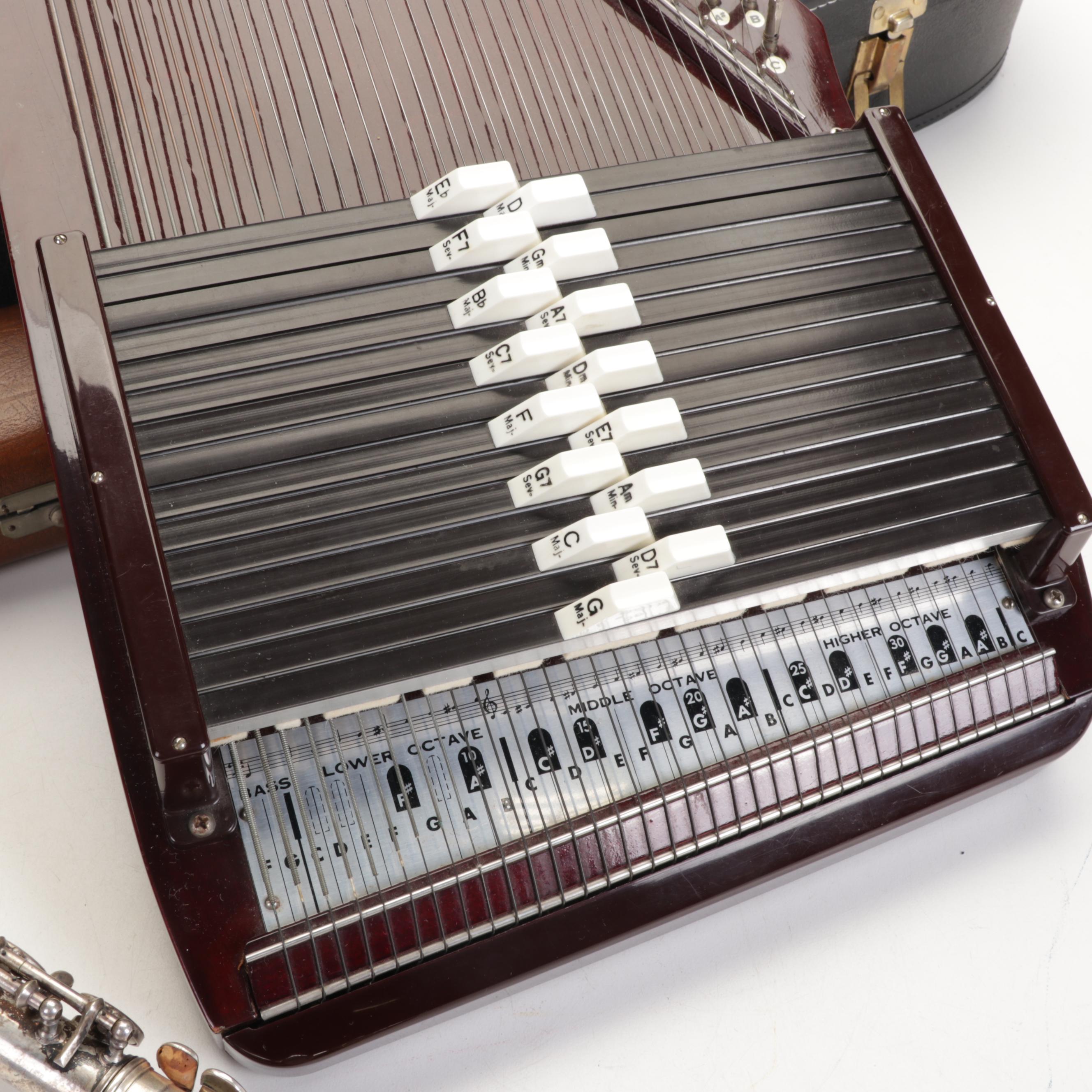 W.T. Armstrong Flute and 36-String Sekova Chromaharp Autoharp With Cases