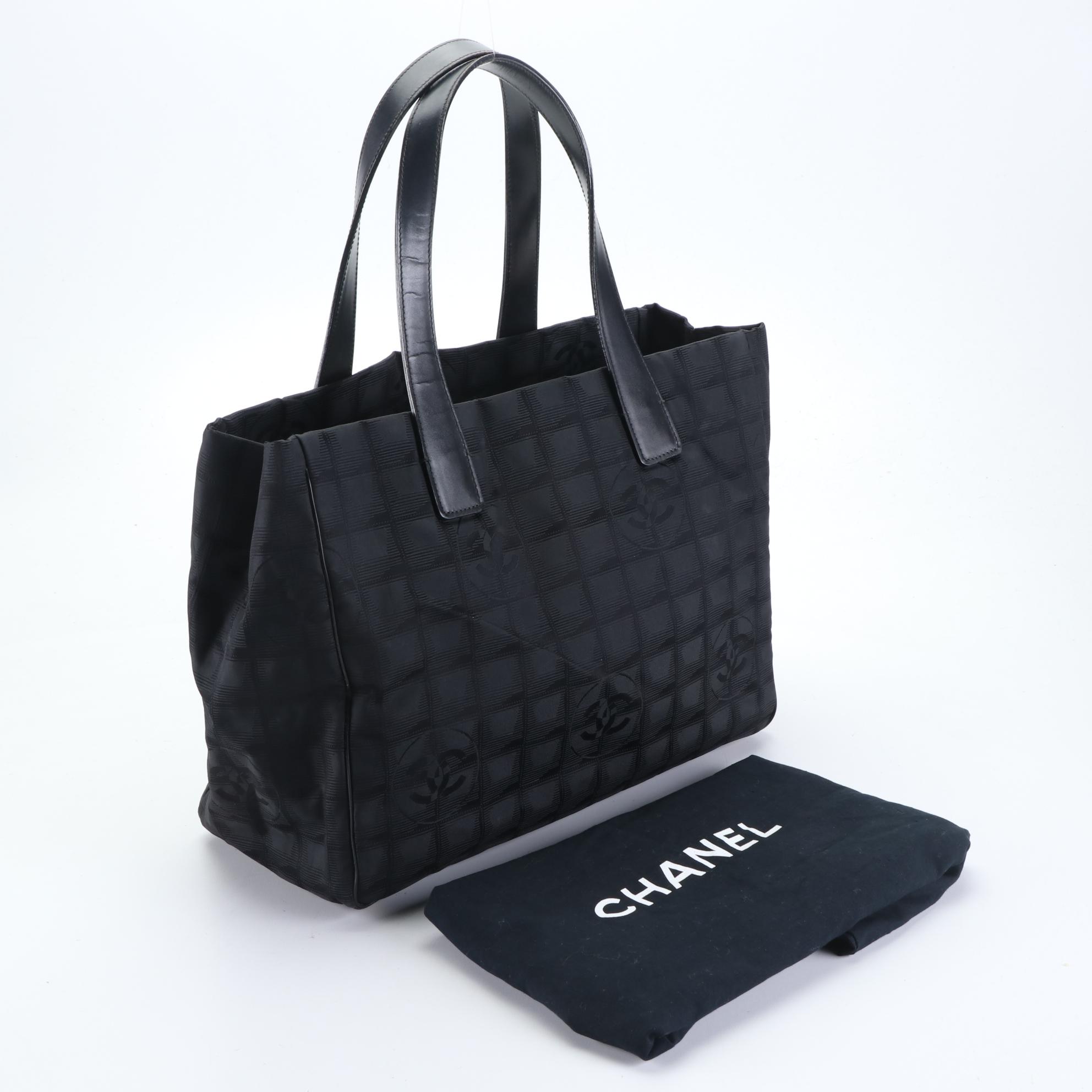 Chanel Travel Line Tote Bag in Black Nylon Jacquard Canvas and Leather