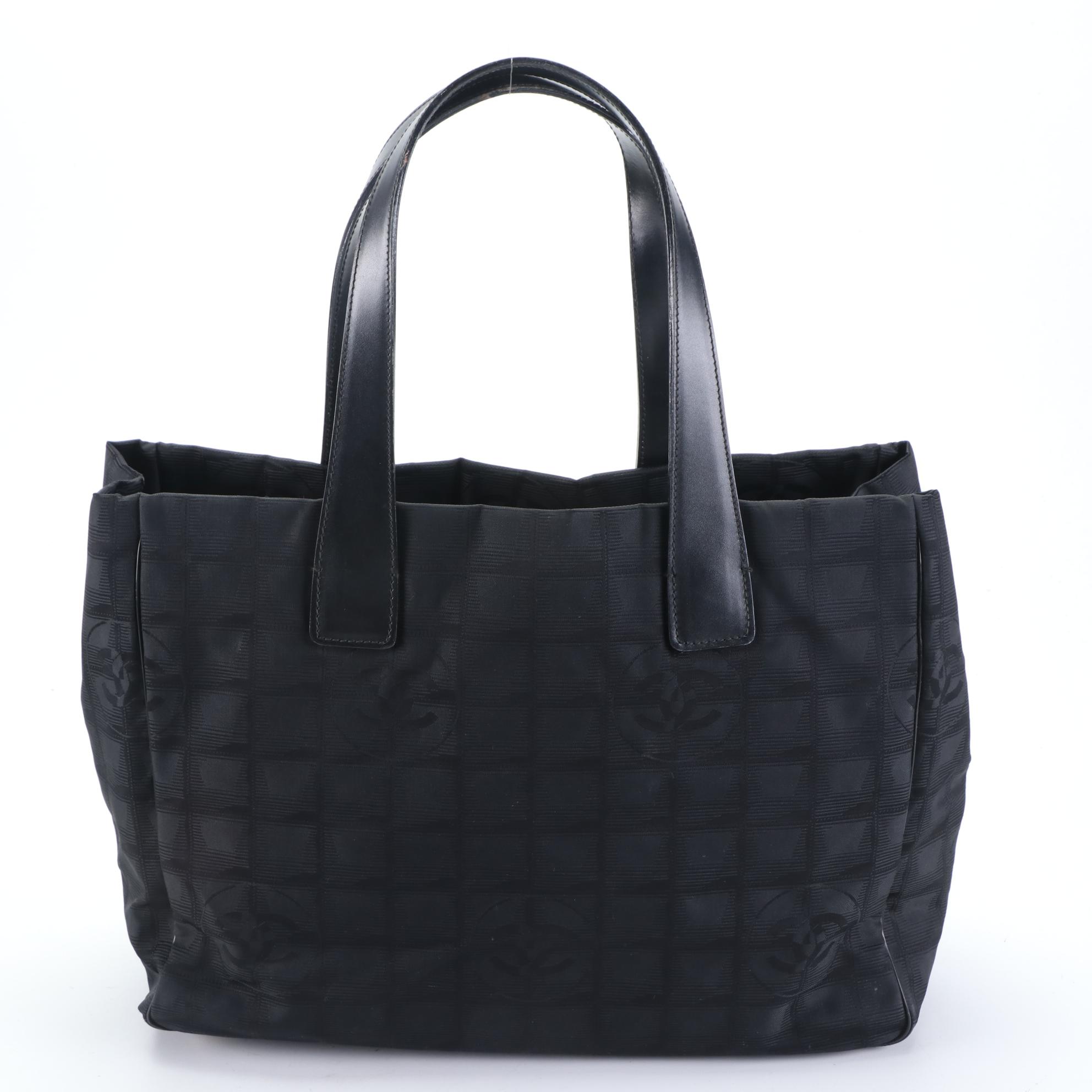 Chanel Travel Line Tote Bag in Black Nylon Jacquard Canvas and Leather