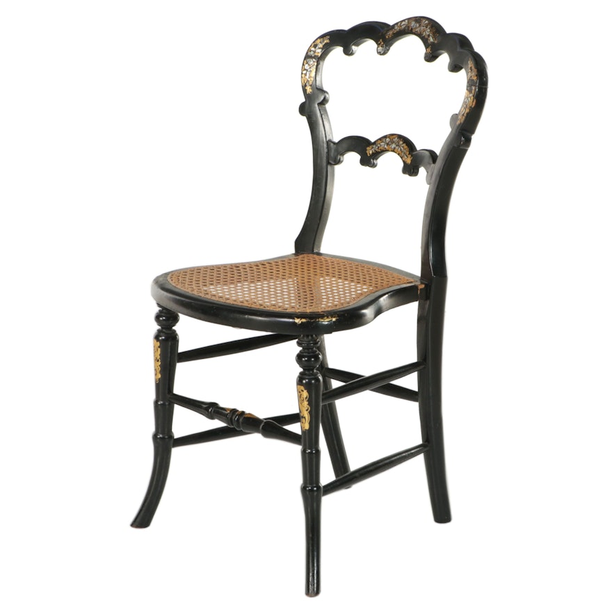 Napoleon III Black-Lacquered, Parcel-Gilt, and MOP-Inlaid Side Chair