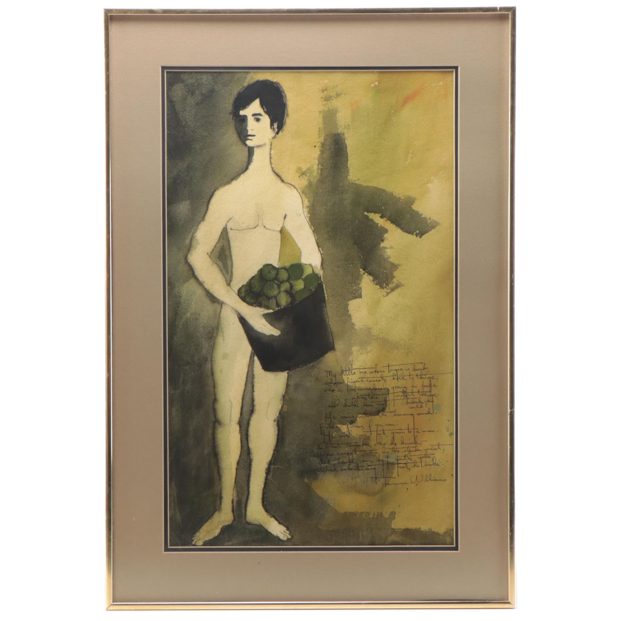 Figural Watercolor Painting Featuring a Tennessee Williams Poem, Circa 1960