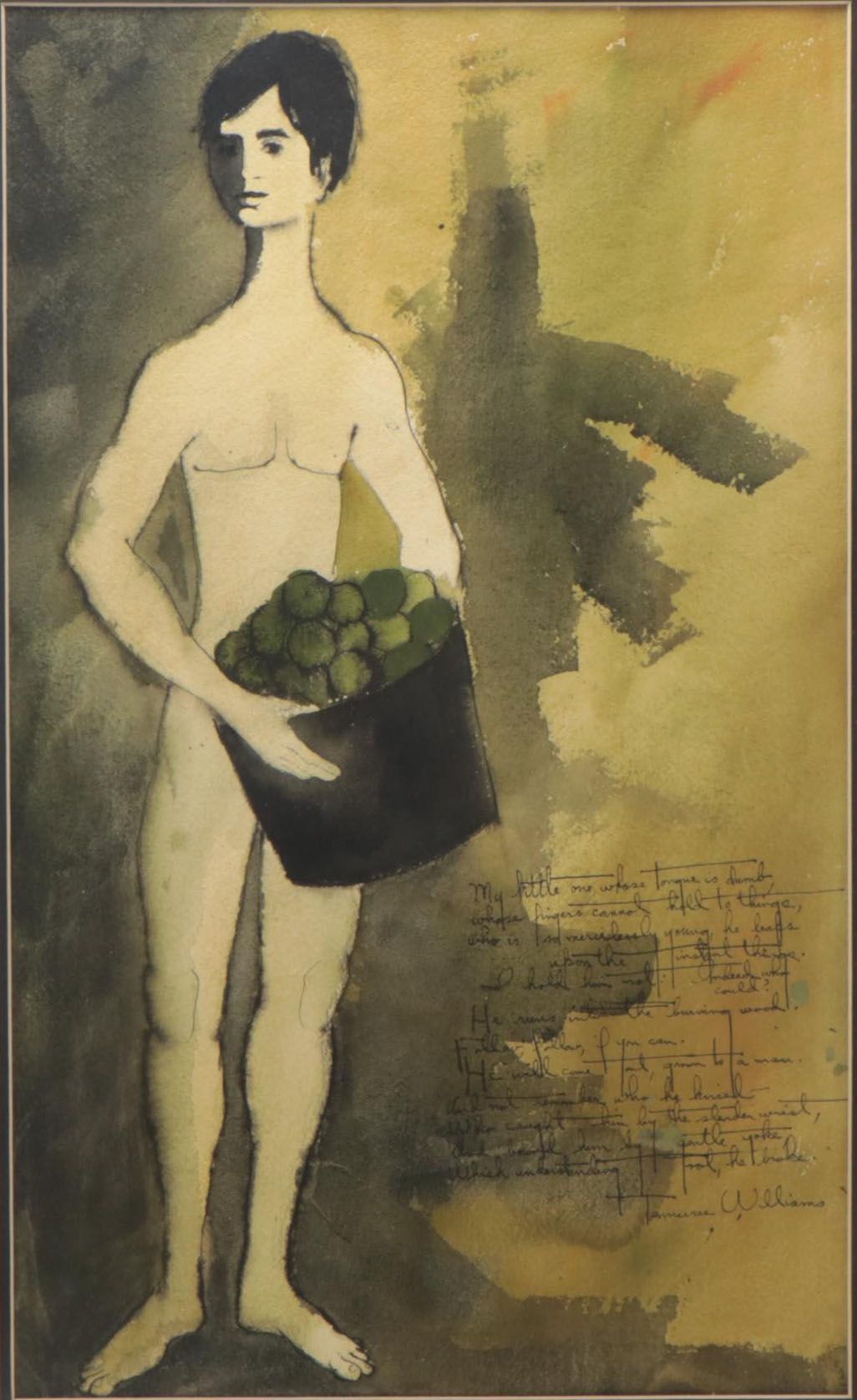 Figural Watercolor Painting Featuring a Tennessee Williams Poem, Circa 1960
