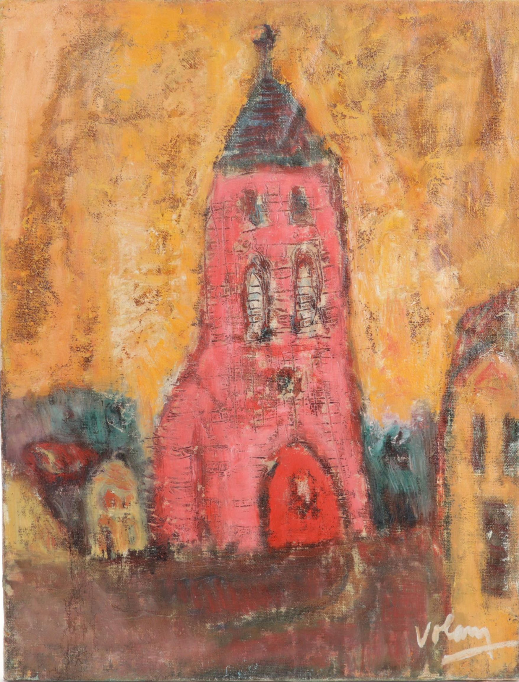 Jean Volang Mixed Media Painting of Church