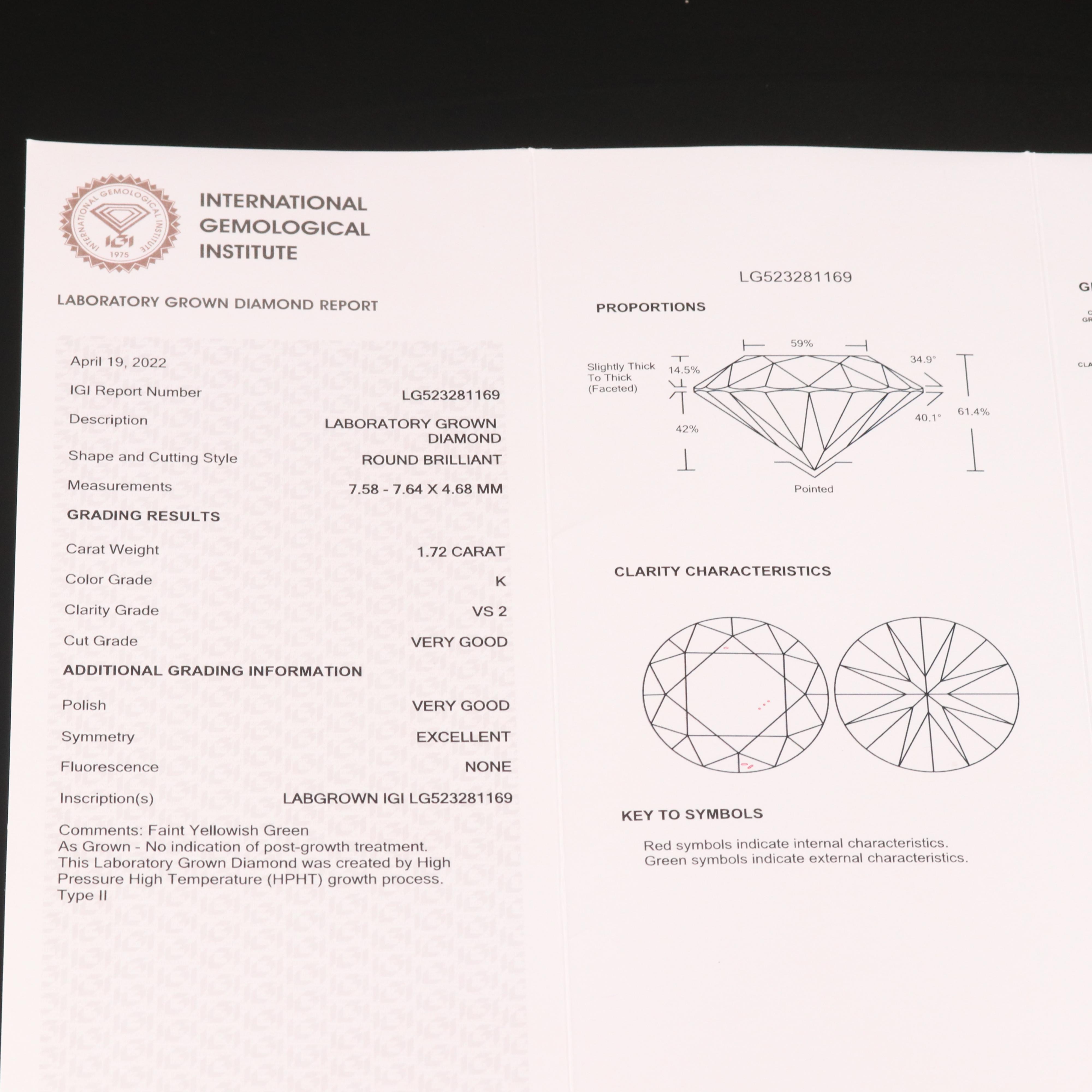 Loose 1.72 CT Lab Grown Diamond with IGI Report