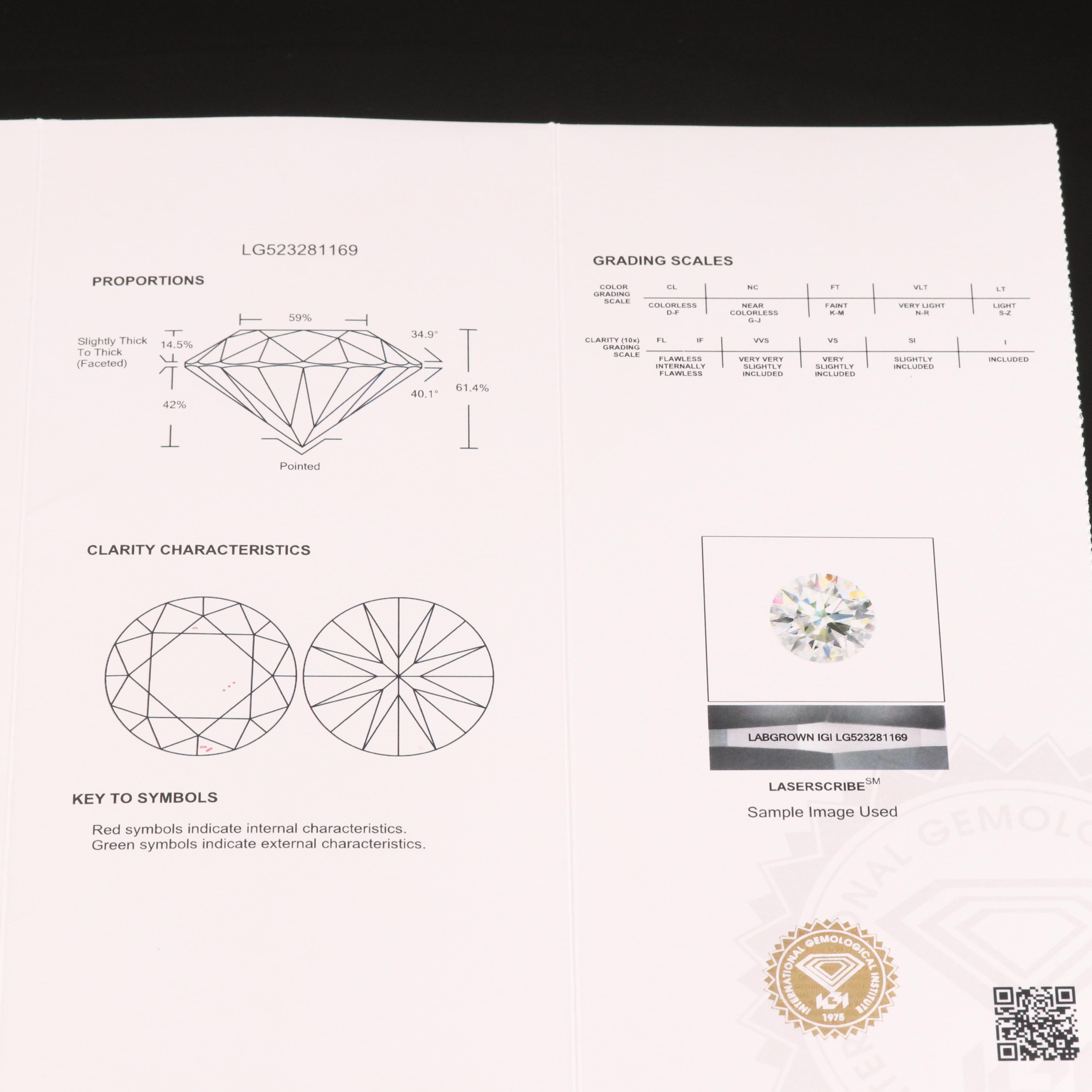 Loose 1.72 CT Lab Grown Diamond with IGI Report