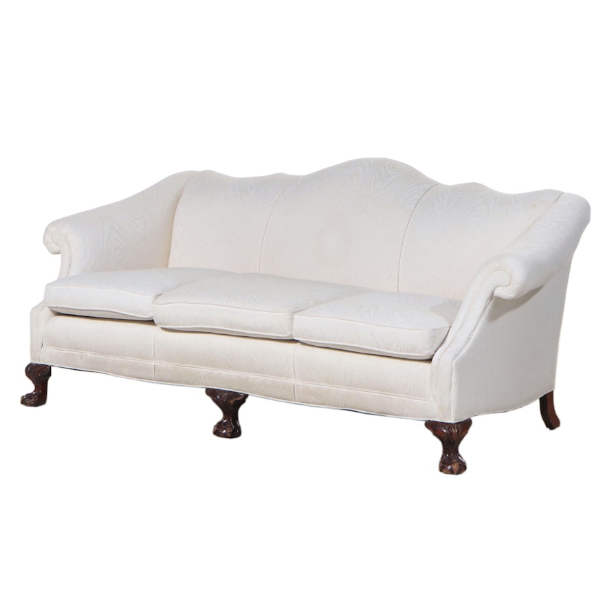 Chippendale Style Cream Moire Upholstered Camel-Back Sofa