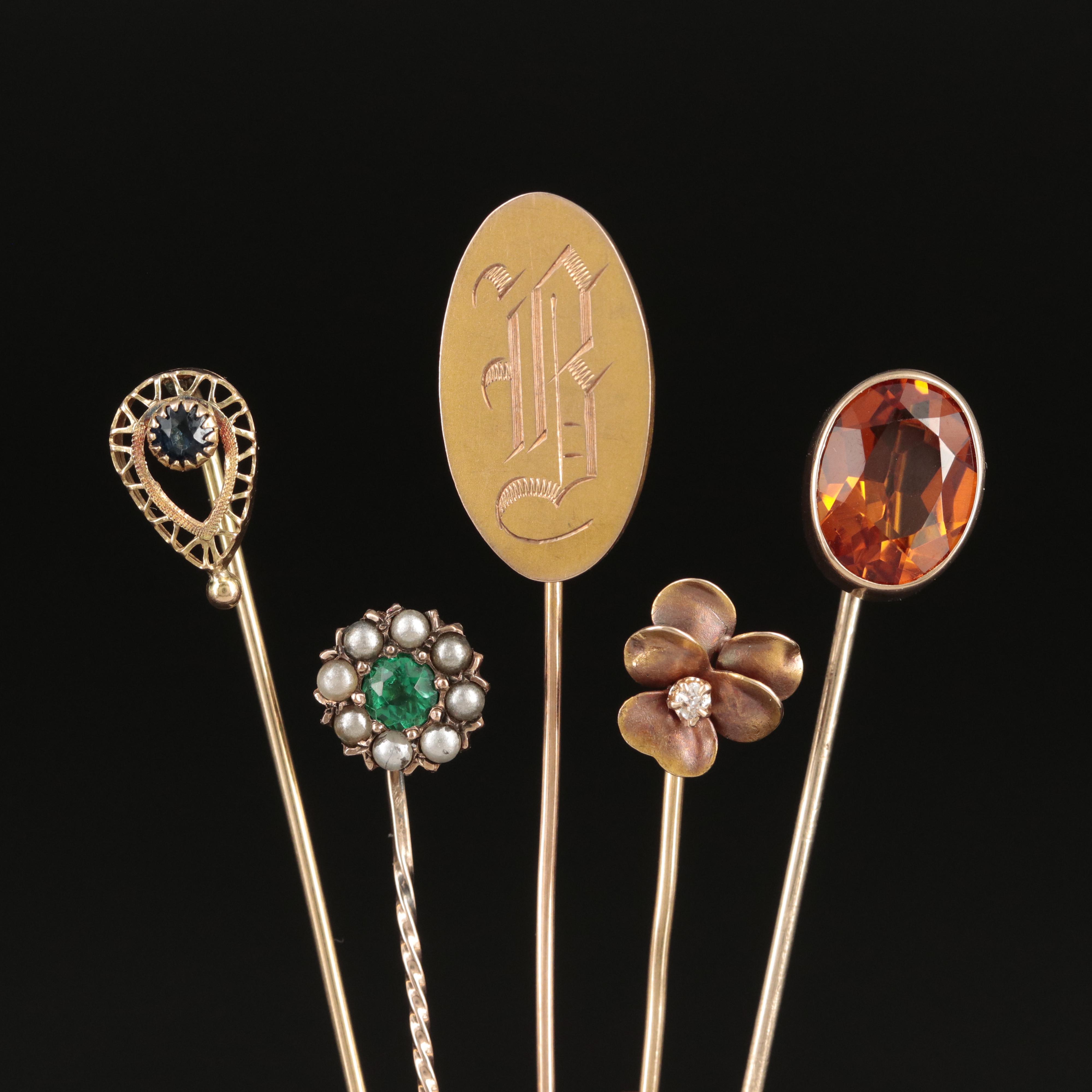 Antique 10K Stick Pins and 14K Pansy Flower Stick Pin