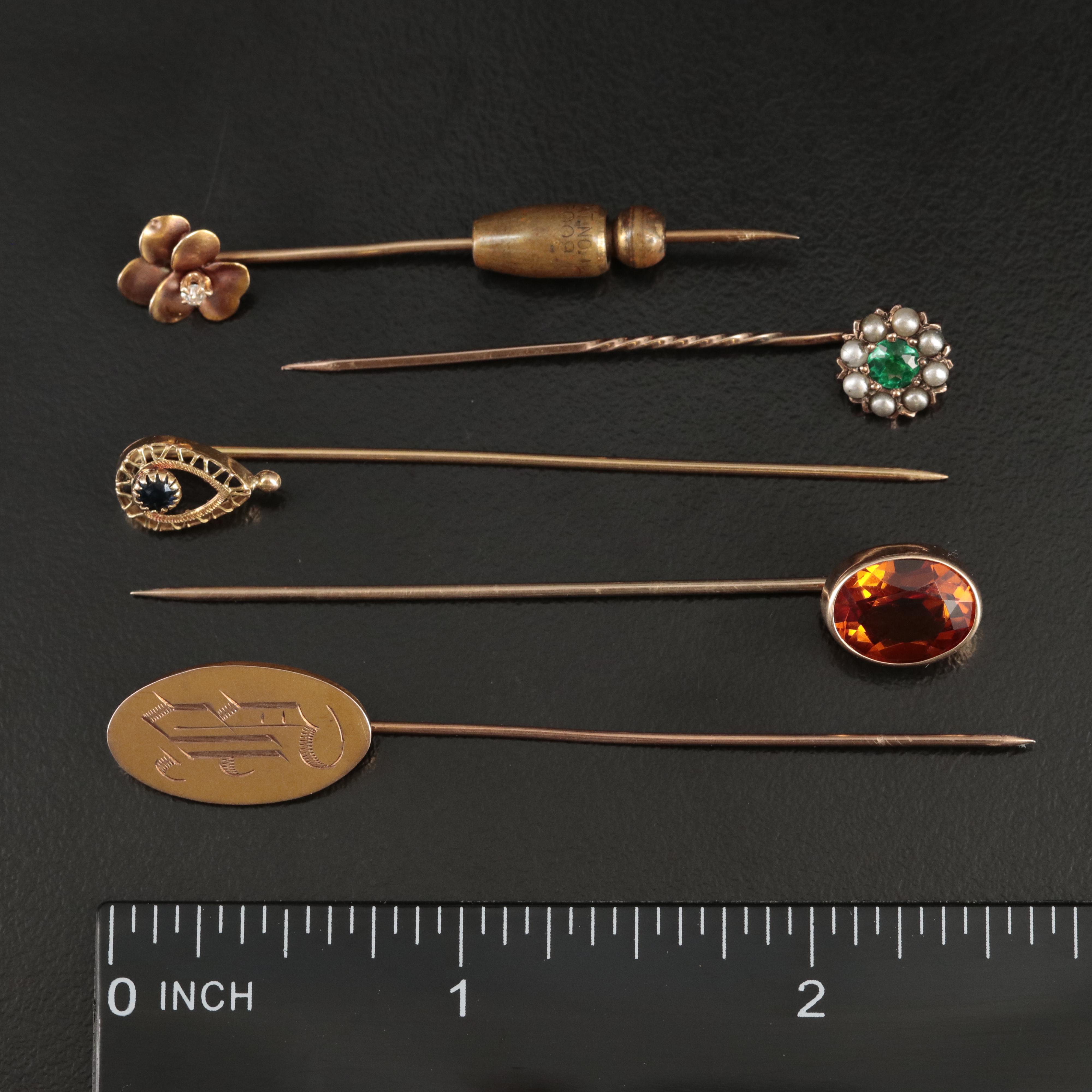 Antique 10K Stick Pins and 14K Pansy Flower Stick Pin