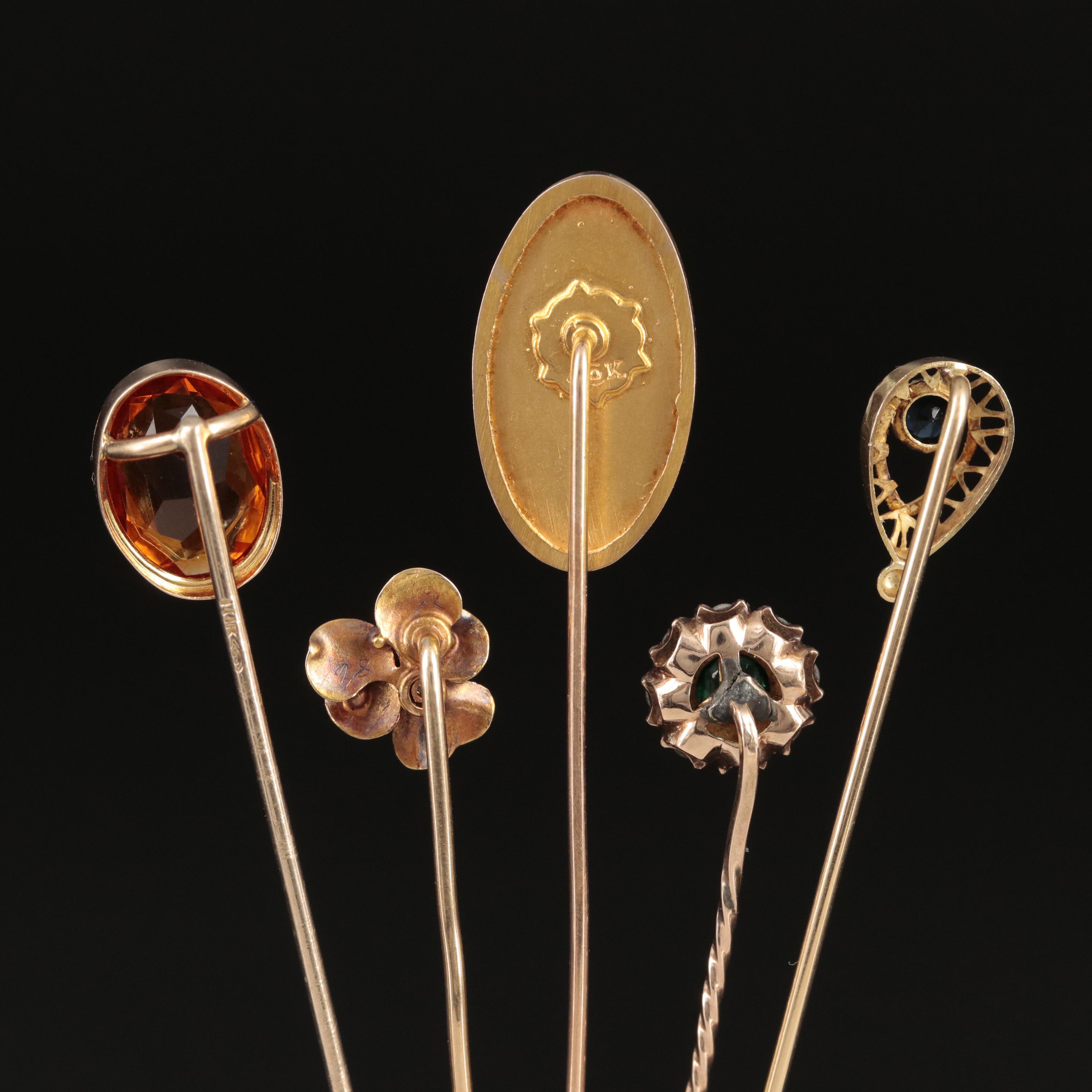 Antique 10K Stick Pins and 14K Pansy Flower Stick Pin