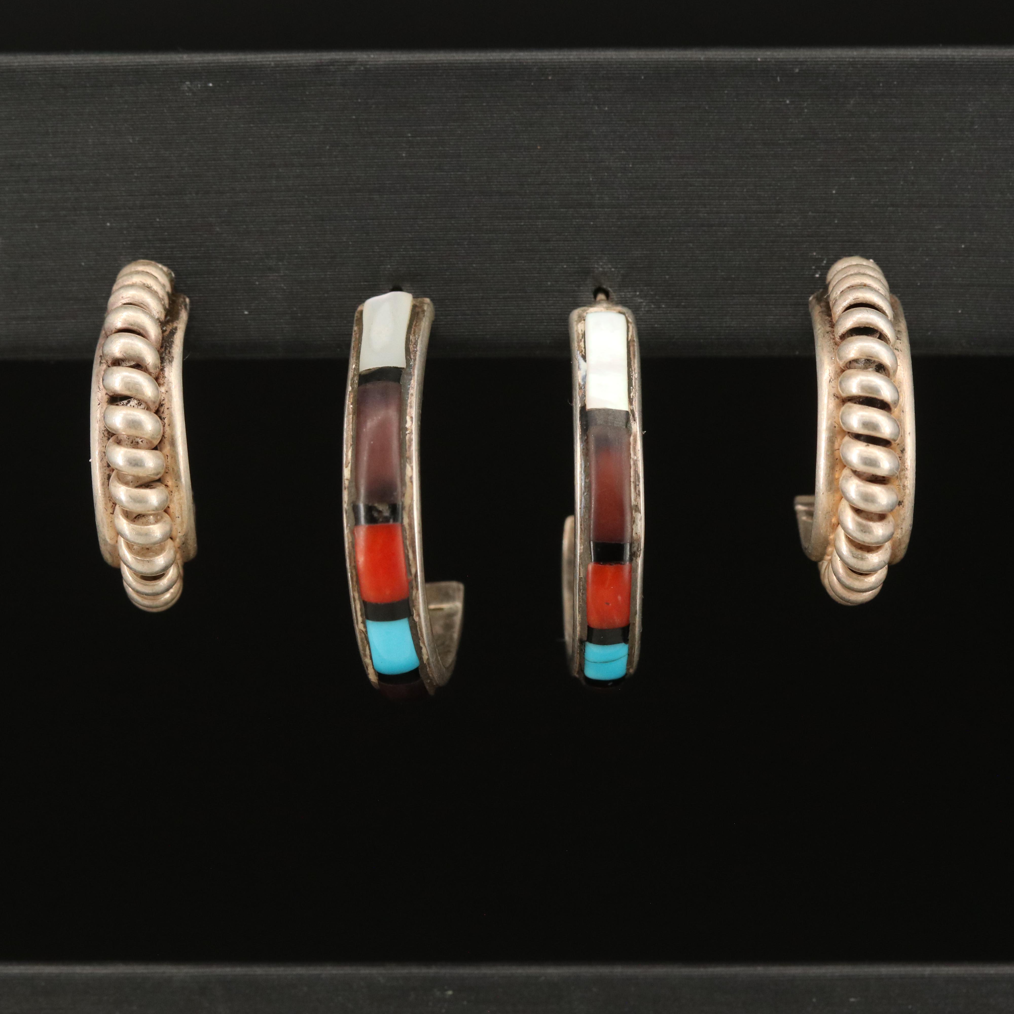 Sterling J Hoop Earrings Including Coral, Mother-of-Pearl and Turquoise