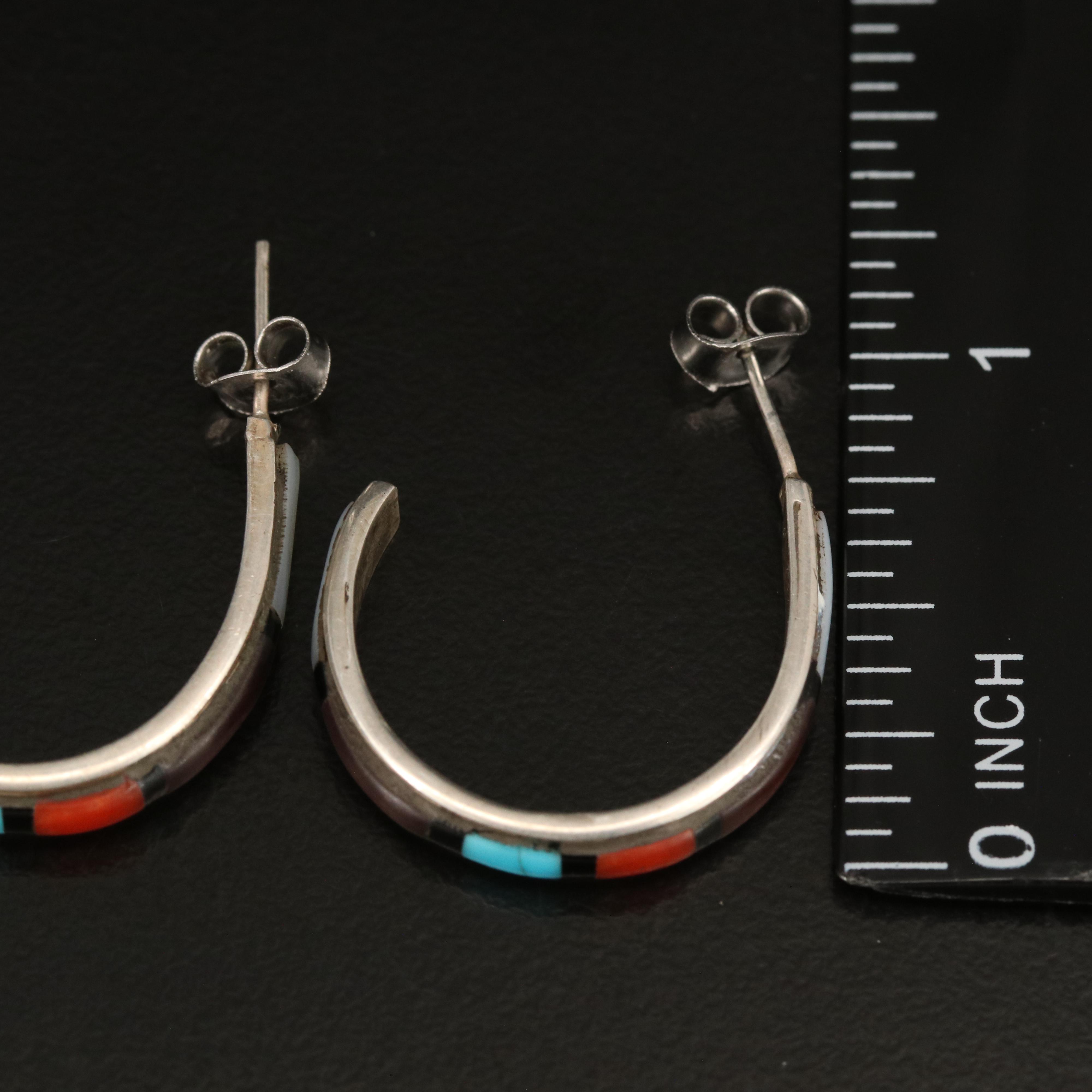 Sterling J Hoop Earrings Including Coral, Mother-of-Pearl and Turquoise