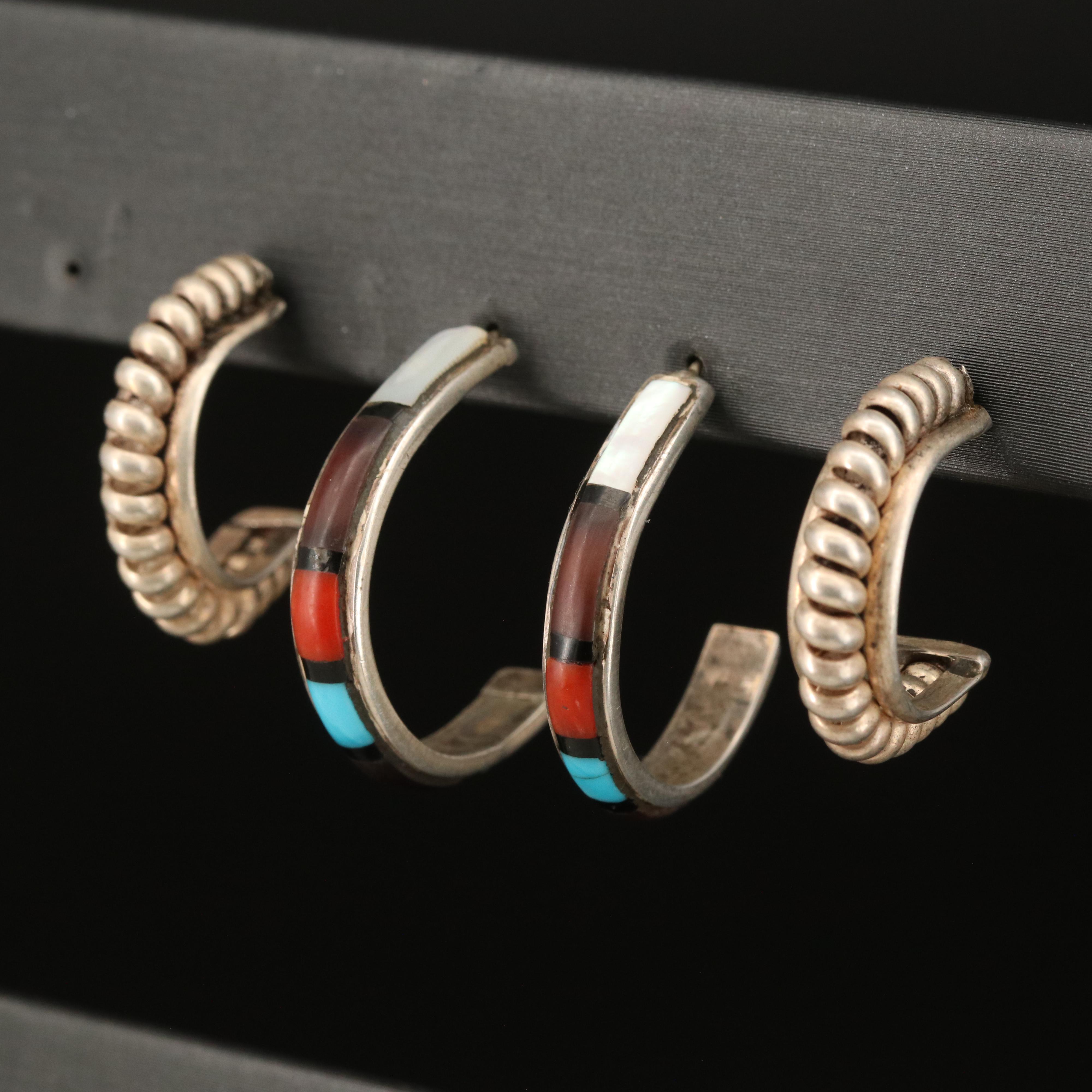 Sterling J Hoop Earrings Including Coral, Mother-of-Pearl and Turquoise