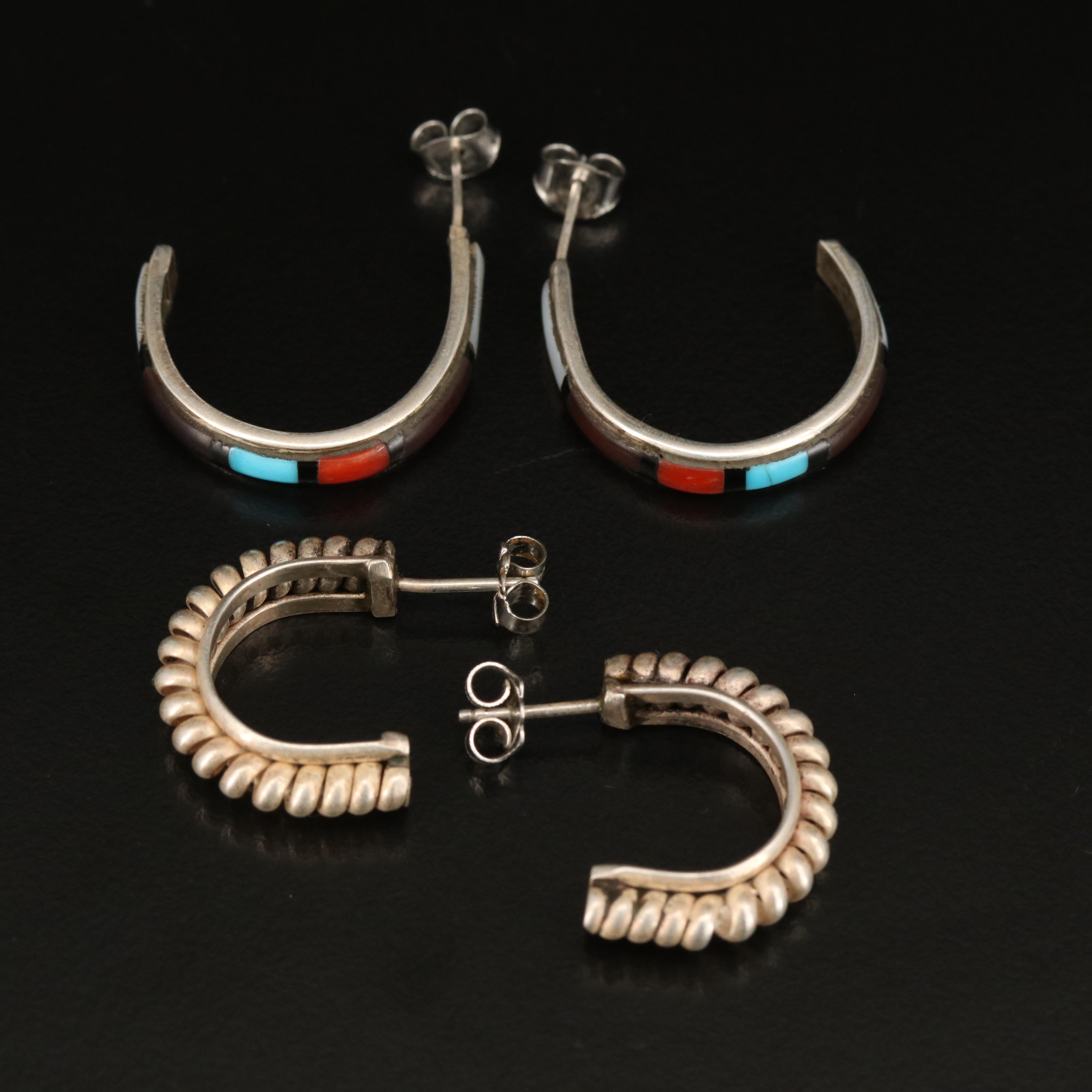 Sterling J Hoop Earrings Including Coral, Mother-of-Pearl and Turquoise