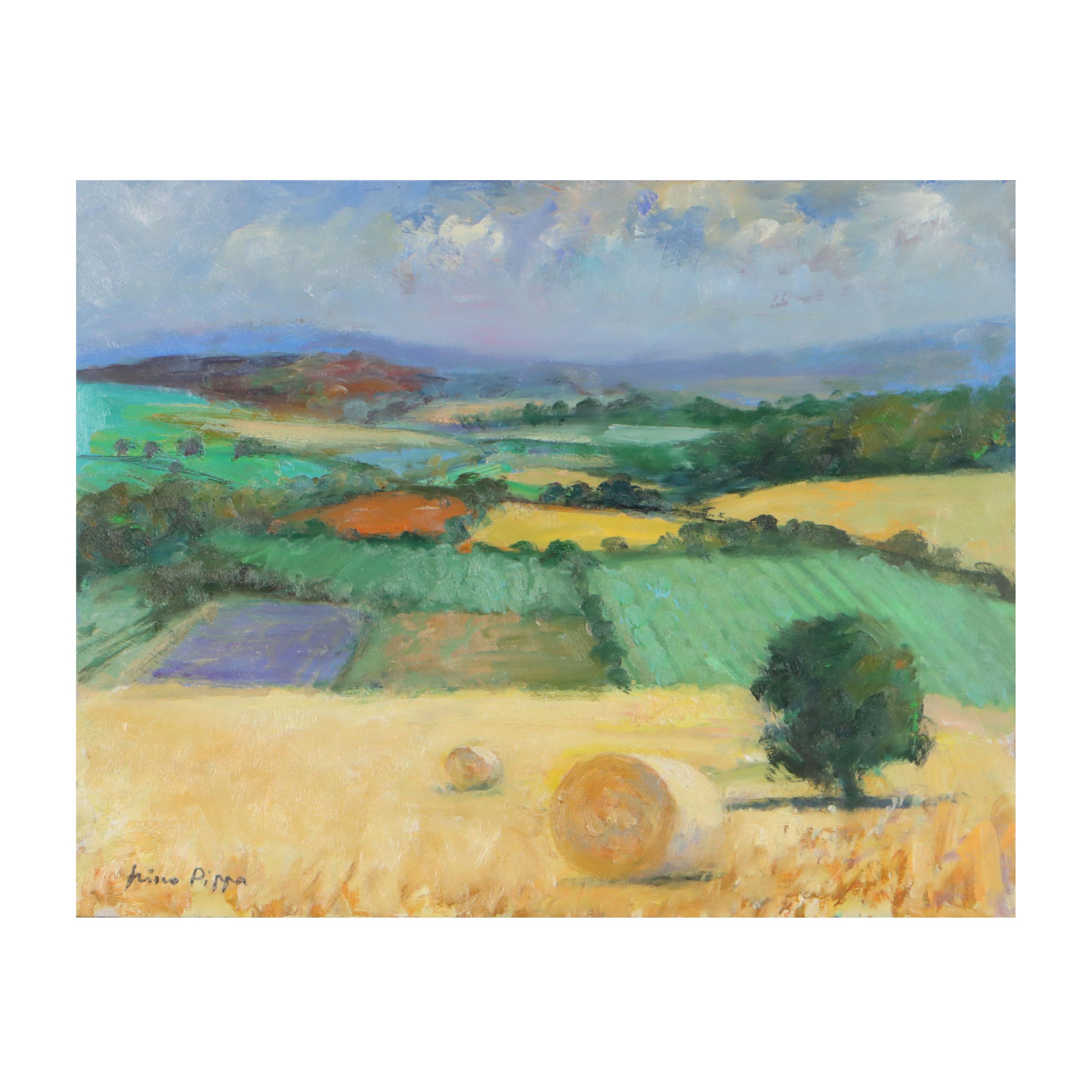 Nino Pippa Oil Painting "Tuscany Landscape with Haystacks," 2015