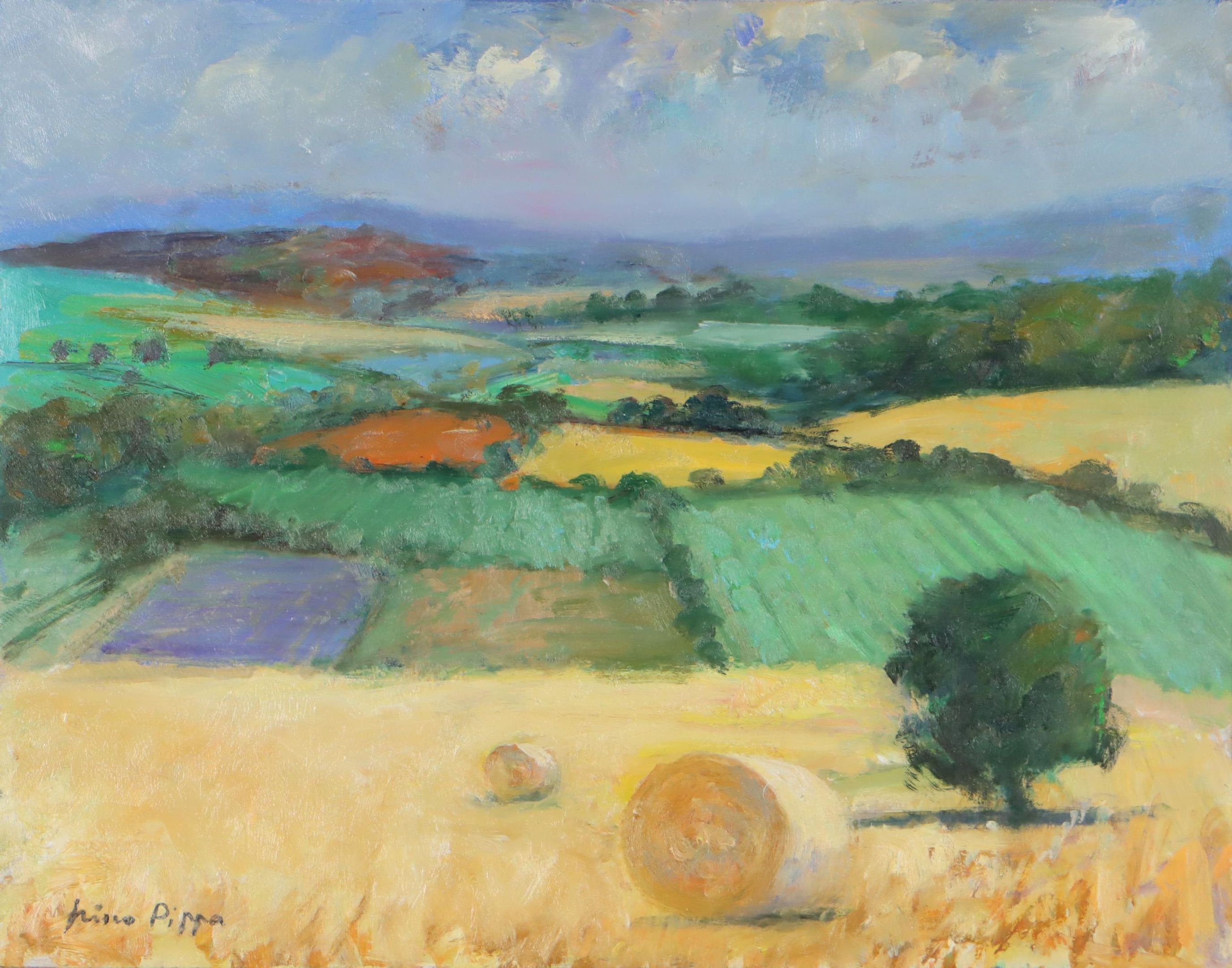 Nino Pippa Oil Painting "Tuscany Landscape with Haystacks," 2015
