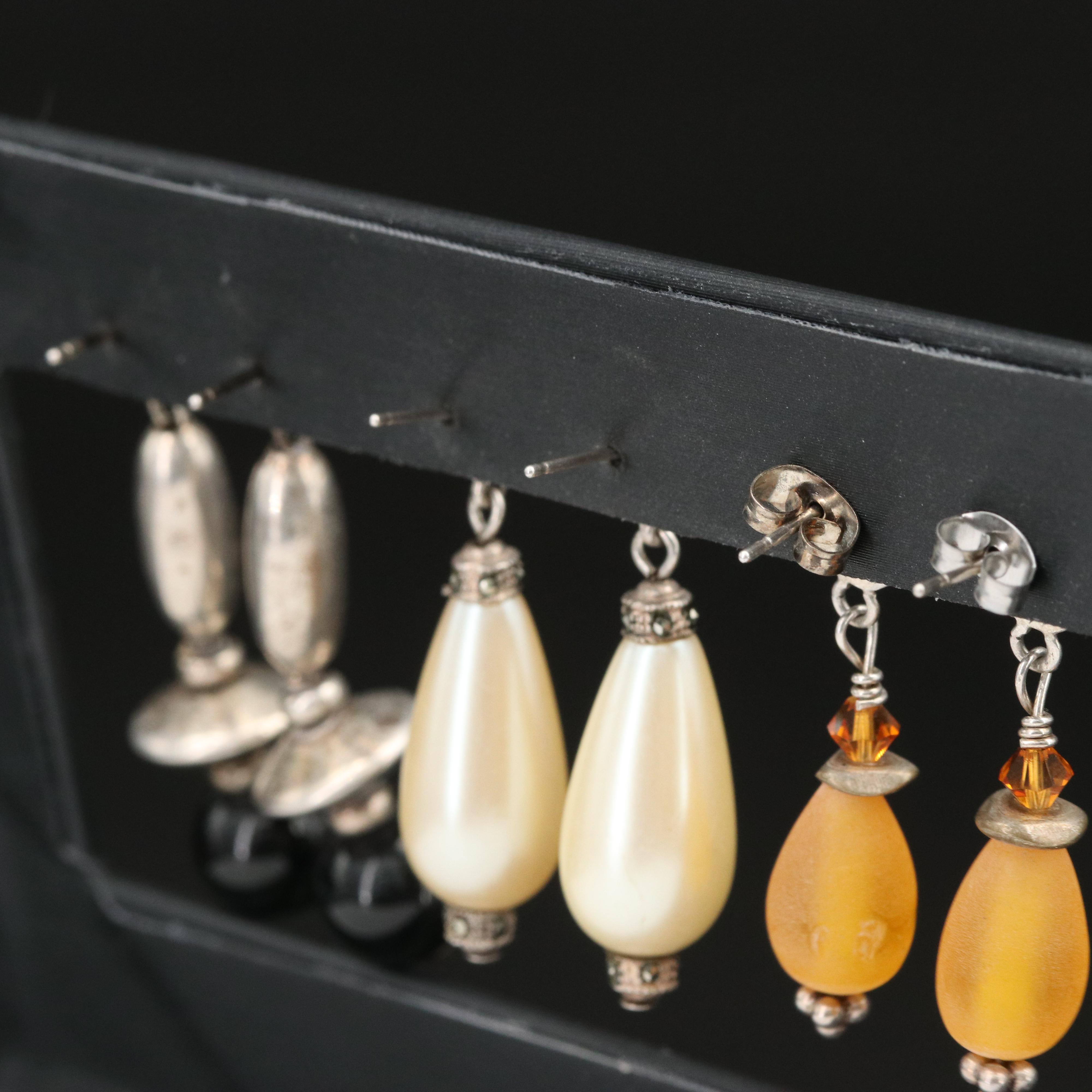 Sterling Bead Earrings with Faux Pearl, Marcasite and Black Spinel