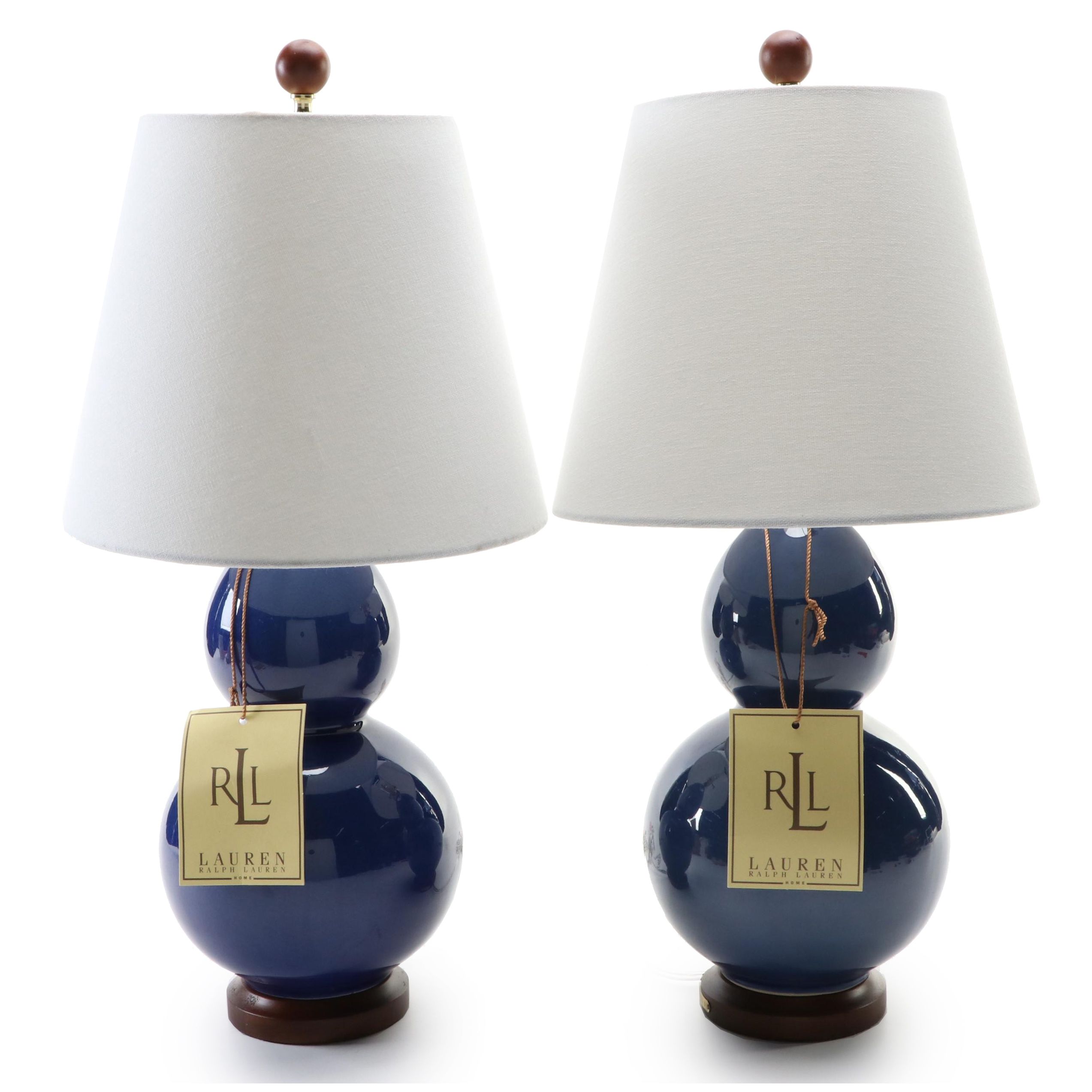 Pair of "Lauren" Ralph Lauren Blue Double Gourd Ceramic Lamps, Contemporary