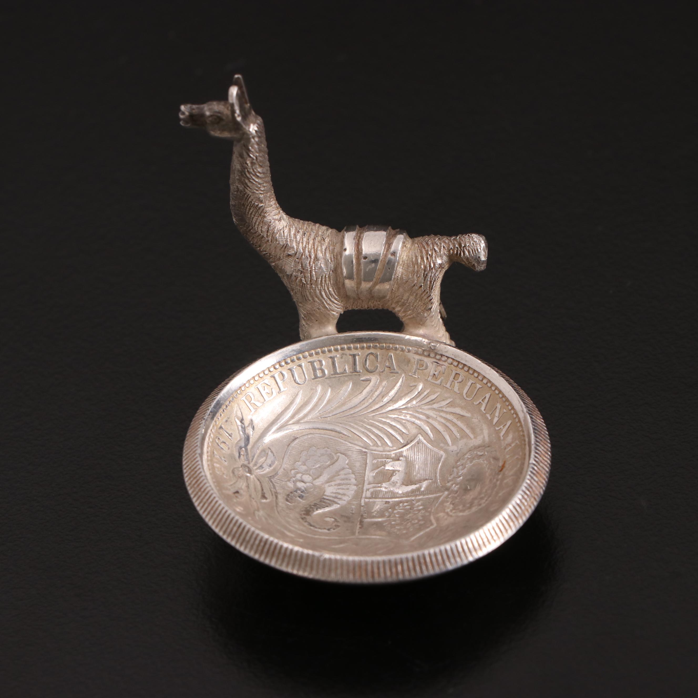 Peruvian Coin Silver Spoon and Salt Cellar
