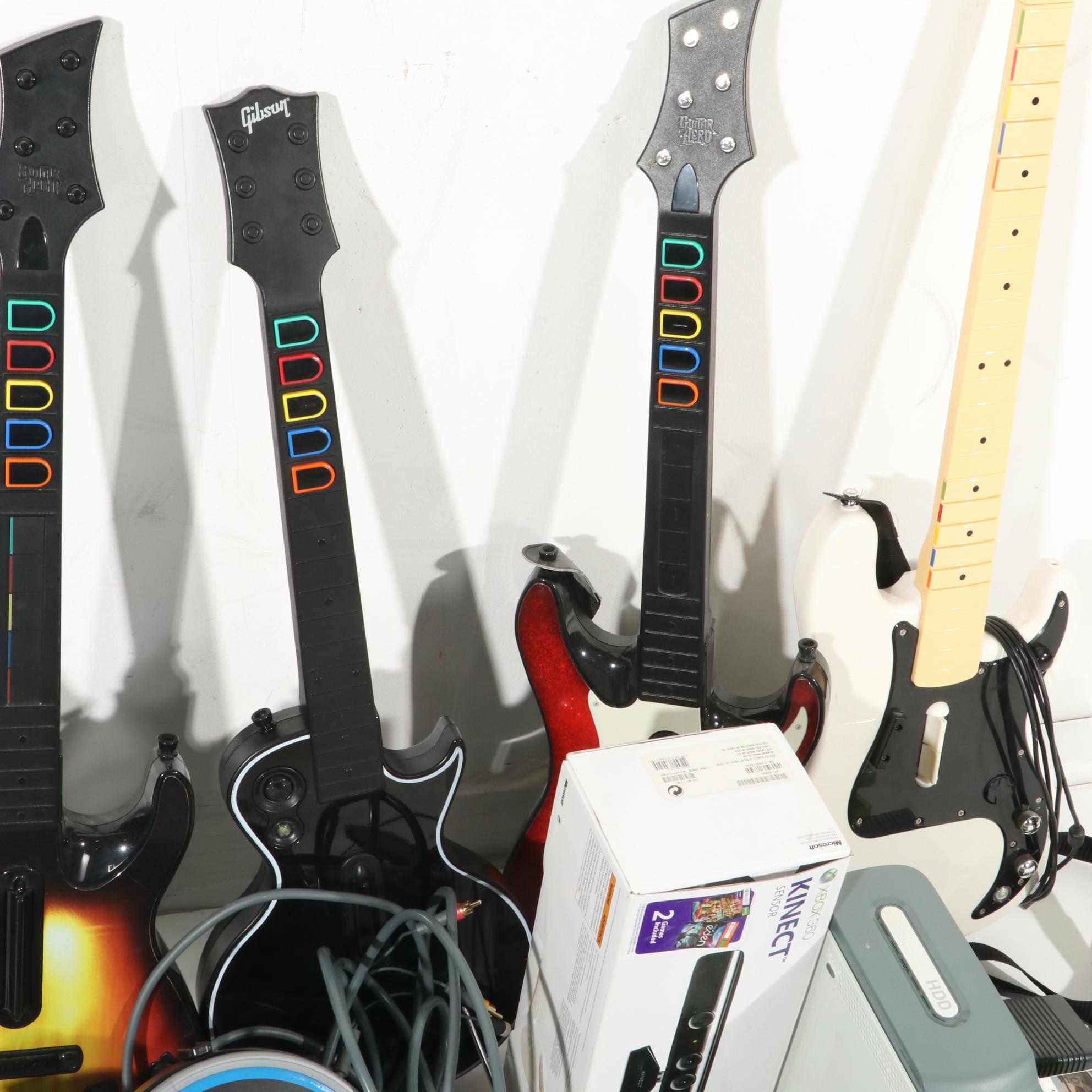 X-Box 360 Console With Kinect Sensor With Guitar Hero & Rock Band Accessories