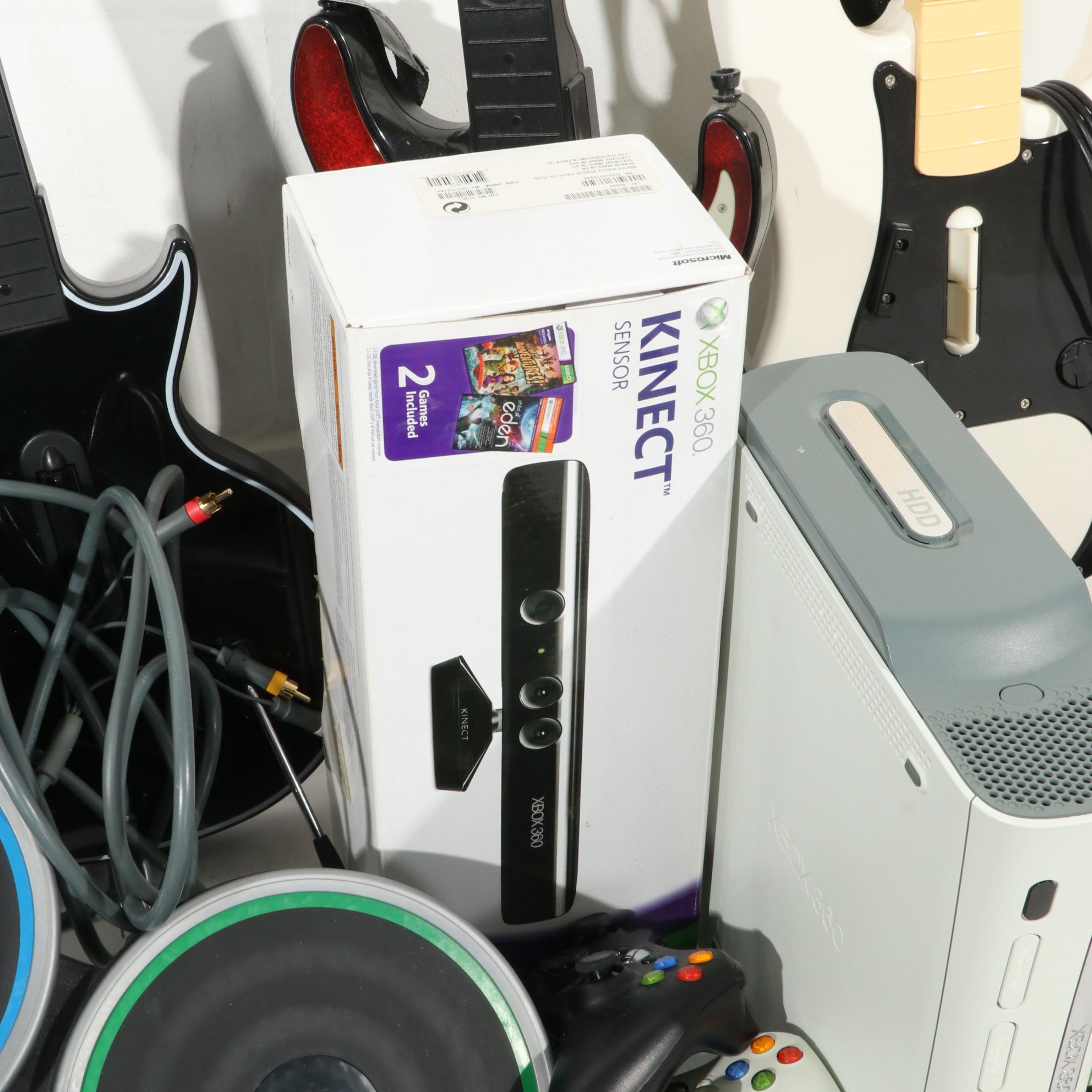 X-Box 360 Console With Kinect Sensor With Guitar Hero & Rock Band Accessories