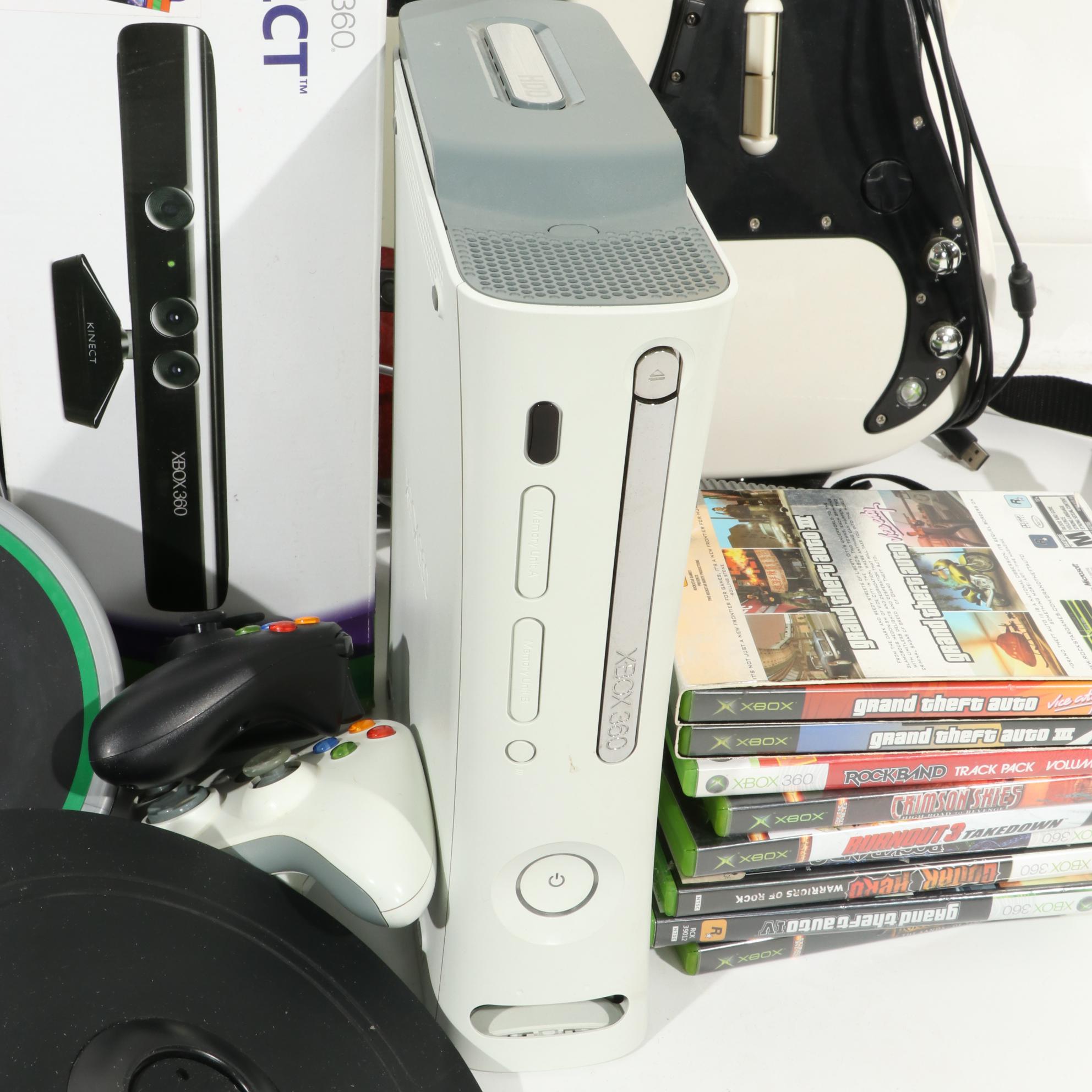 X-Box 360 Console With Kinect Sensor With Guitar Hero & Rock Band Accessories