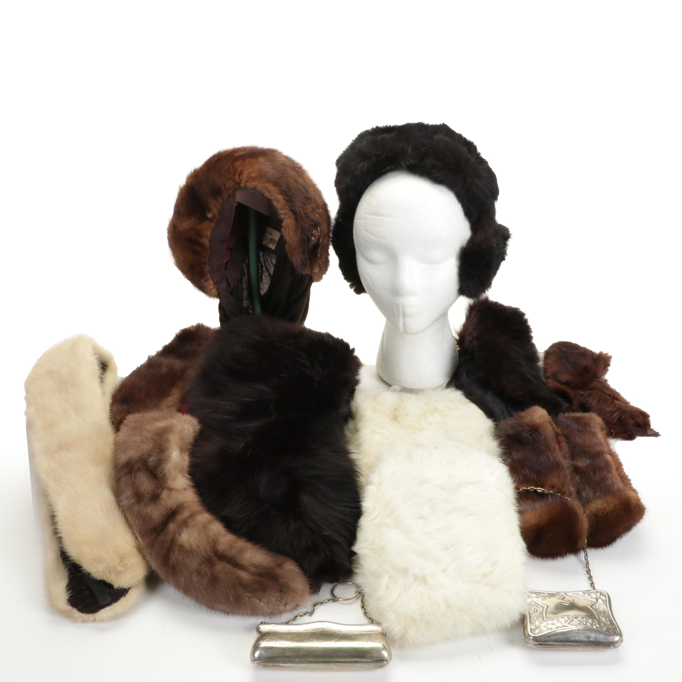 Fur Collars, Ear Muffs, Hats, Hat Stand, Silver Plate Cigarette Case, and More