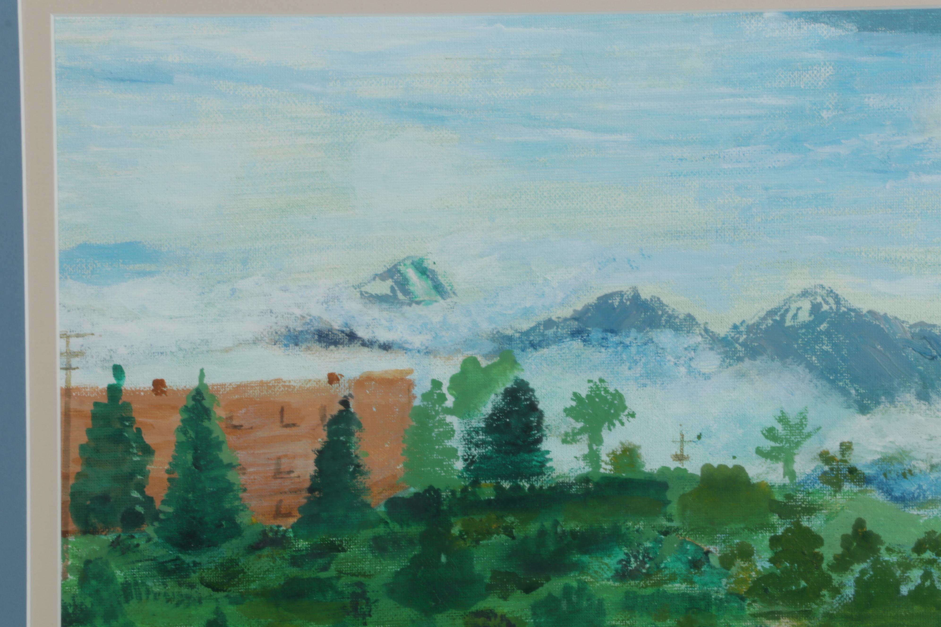 Folk Art Landscape Acrylic Painting of Walking Trail and Distant Mountains