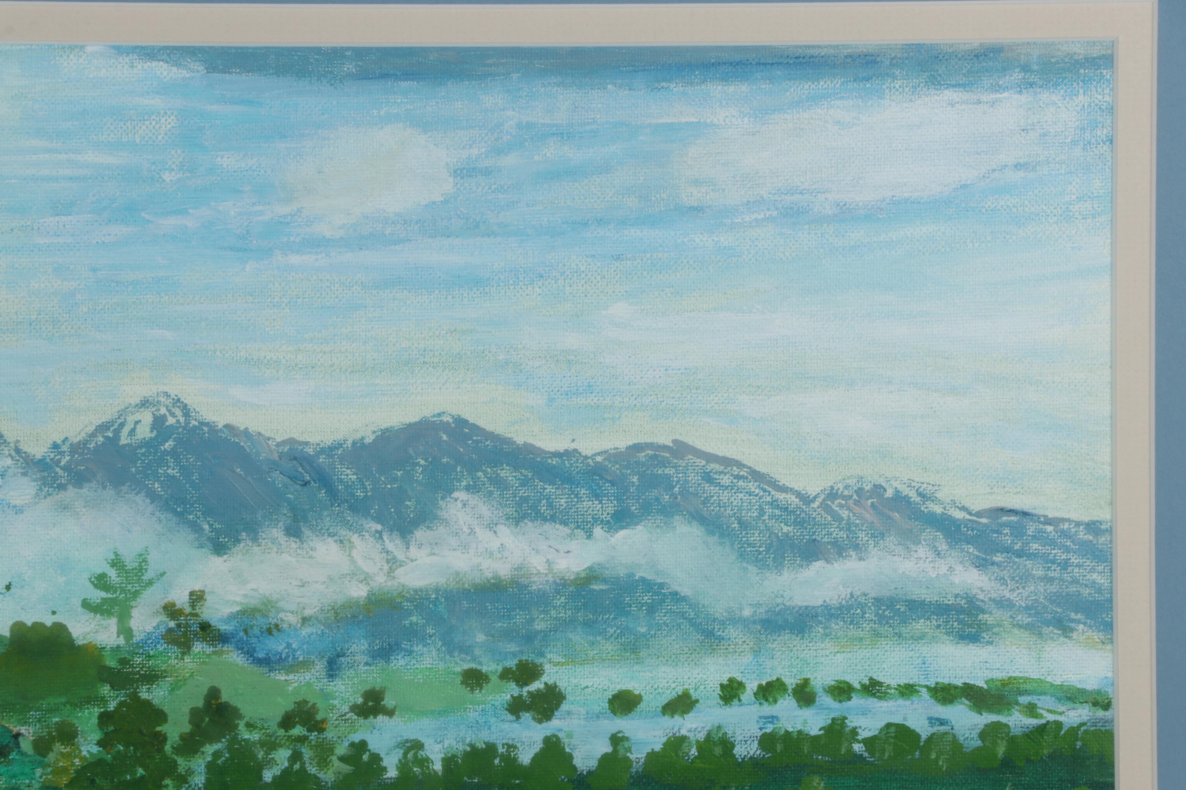 Folk Art Landscape Acrylic Painting of Walking Trail and Distant Mountains
