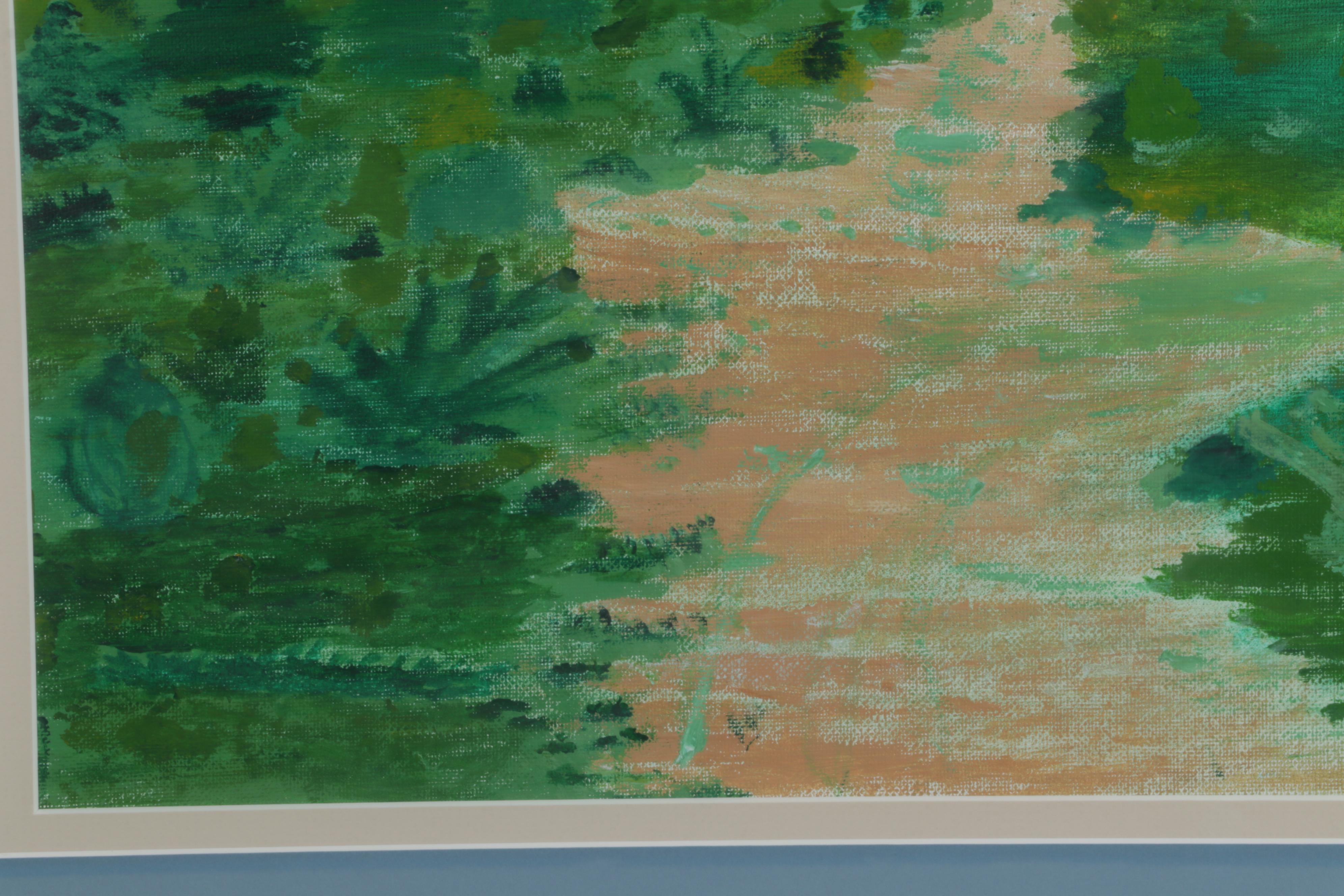 Folk Art Landscape Acrylic Painting of Walking Trail and Distant Mountains