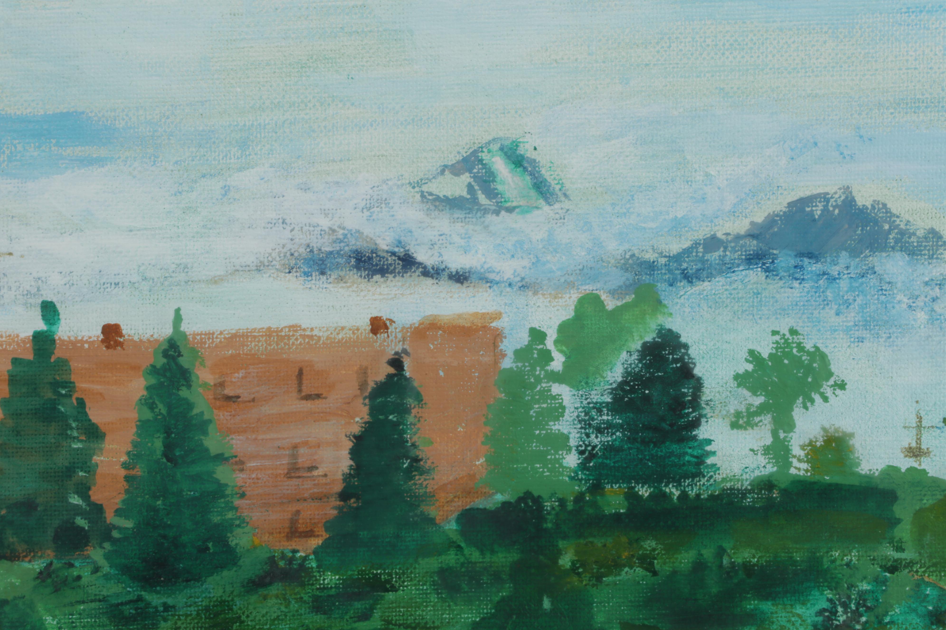 Folk Art Landscape Acrylic Painting of Walking Trail and Distant Mountains