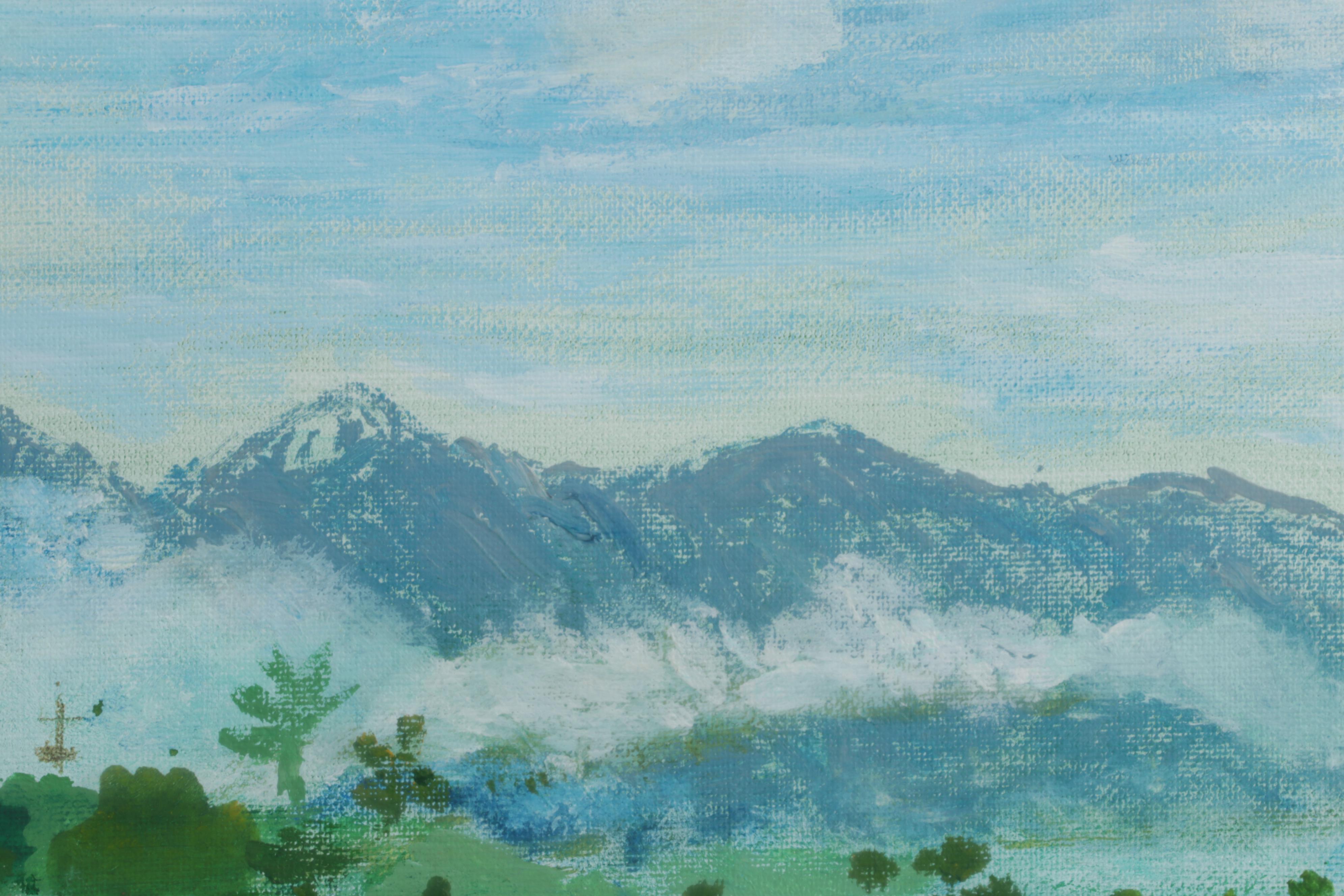 Folk Art Landscape Acrylic Painting of Walking Trail and Distant Mountains