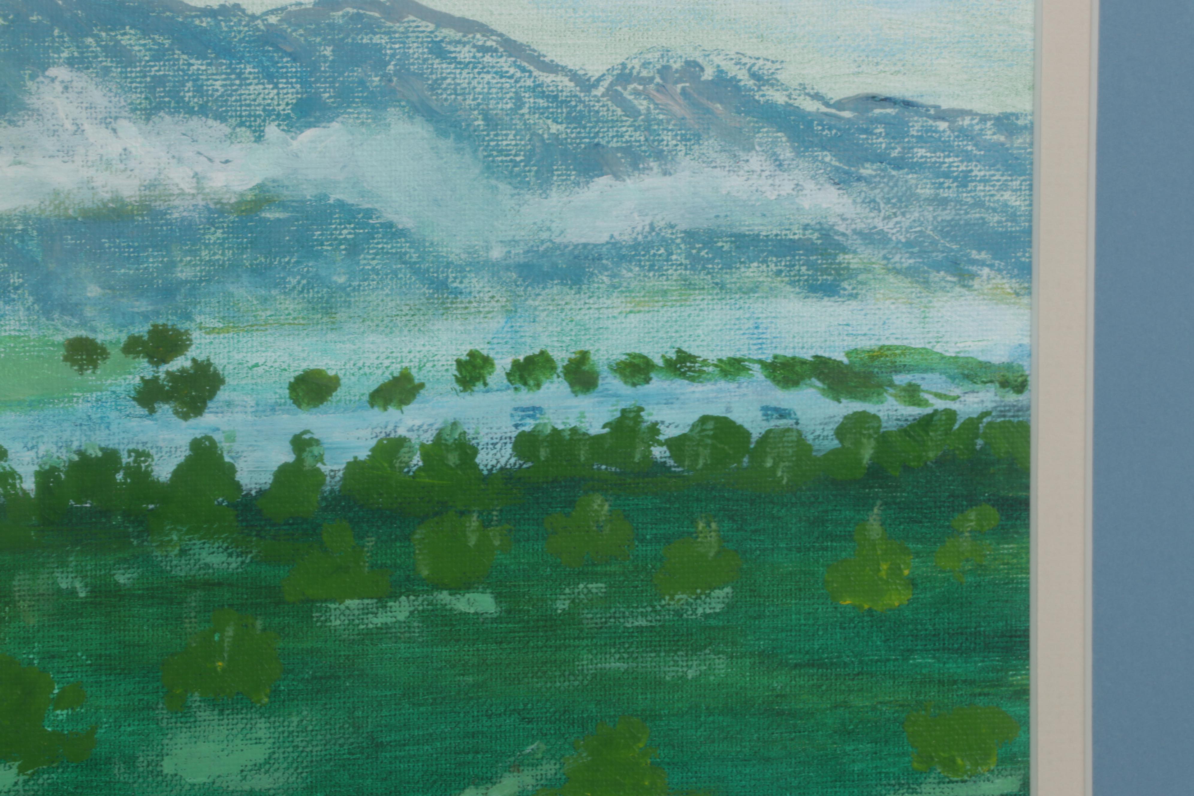 Folk Art Landscape Acrylic Painting of Walking Trail and Distant Mountains